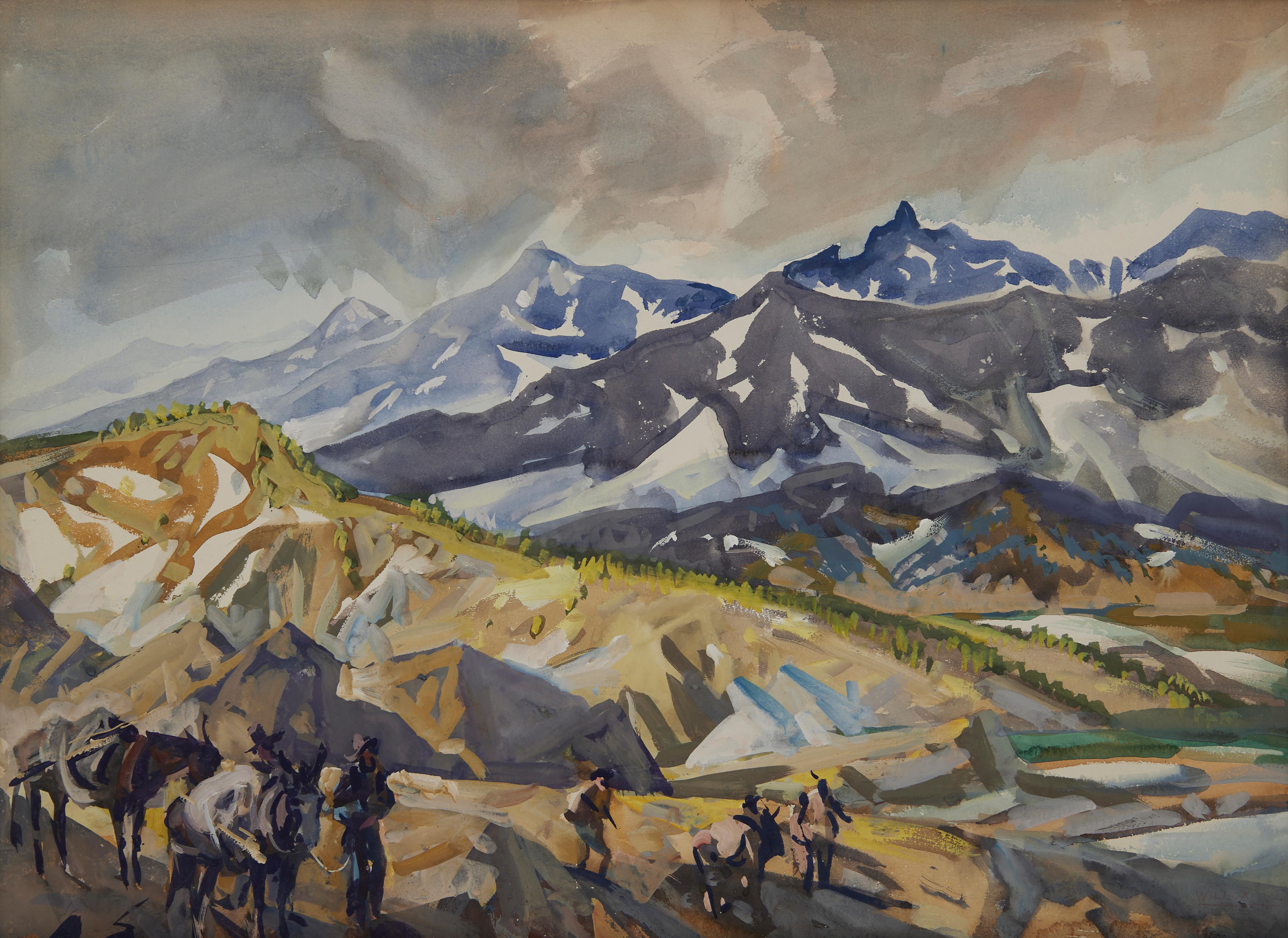 On the Top, People Crossing the Mountains, Montana Western Landscape - Art by Frank Wilcox