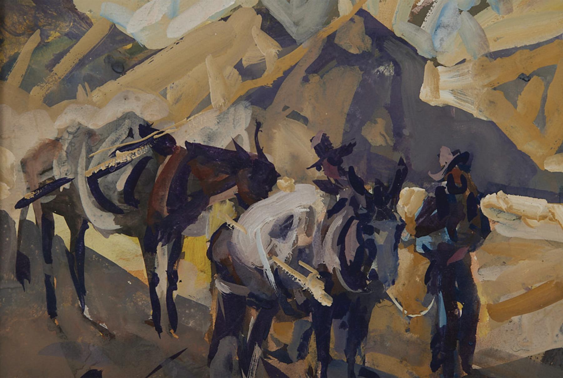 On the Top, People Crossing the Mountains, Montana Western Landscape - Gray Figurative Art by Frank Wilcox