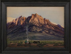 Puesta de sol en las afueras de Utah, paisaje occidental de principios del siglo XX con montaña y fuego
