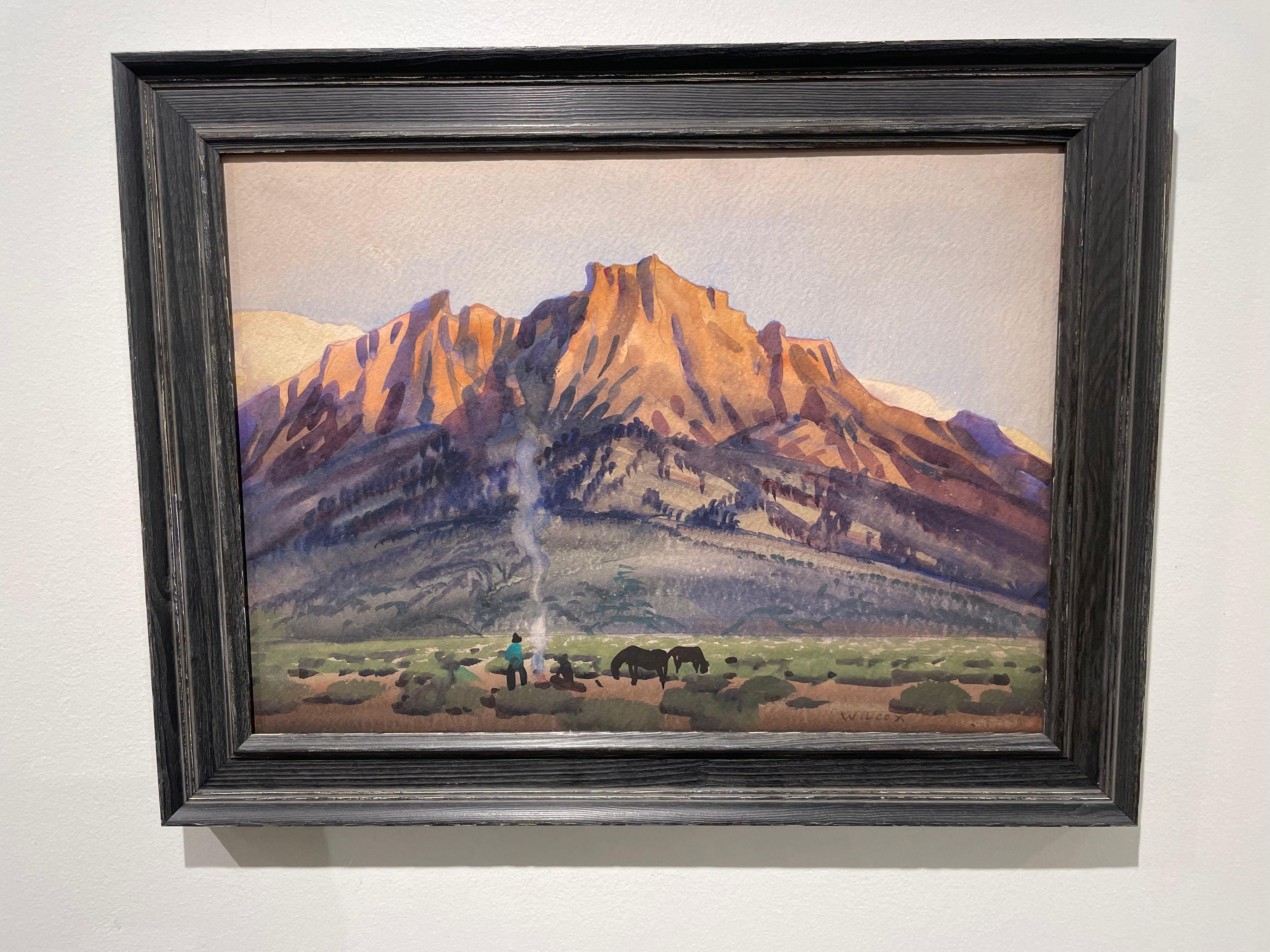 Tramonto fuori dallo Utah, paesaggio occidentale dei primi del Novecento con montagne e fuoco - Figurative Art Nero di Frank Wilcox