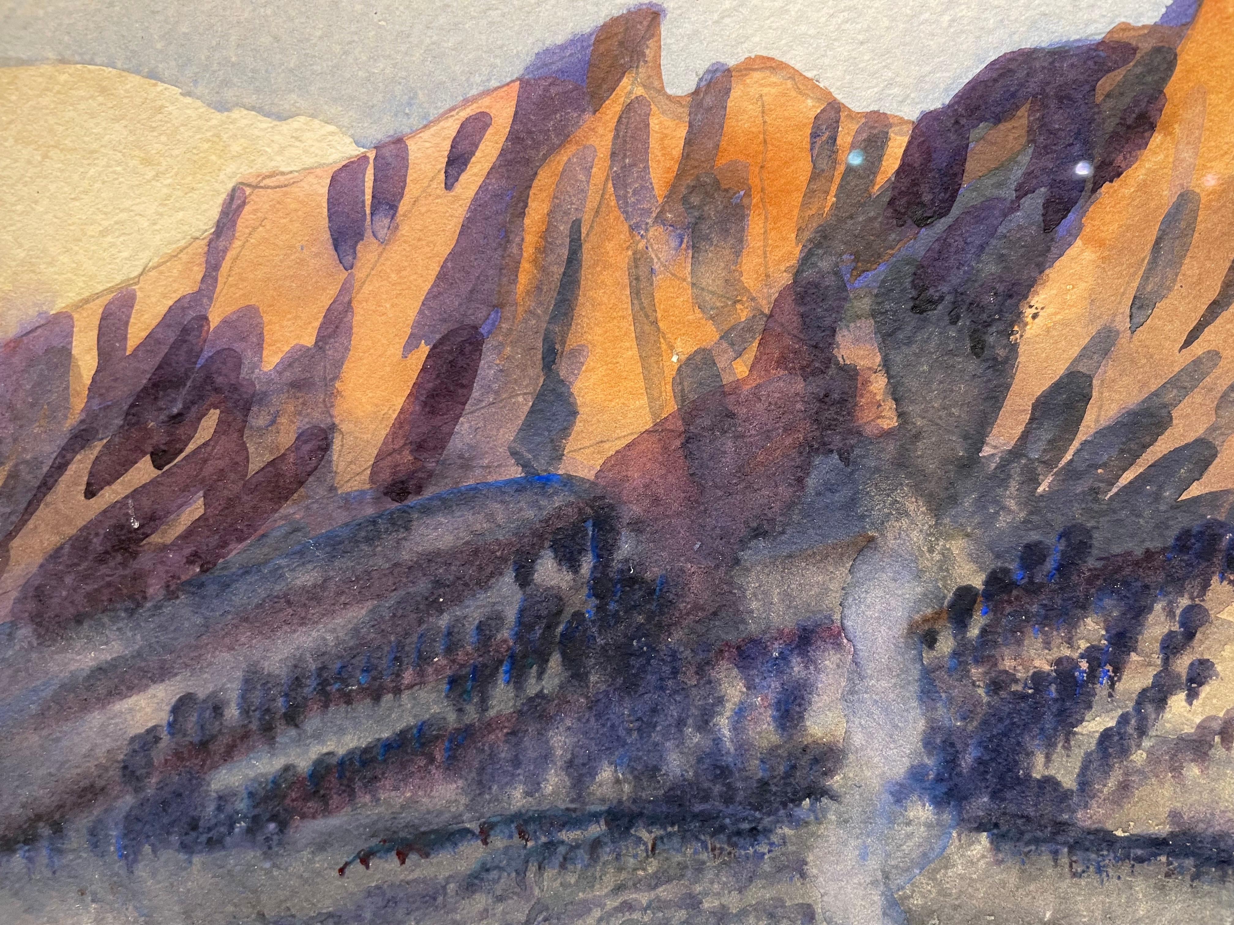 Tramonto fuori dallo Utah, paesaggio occidentale dei primi del Novecento con montagne e fuoco in vendita 2