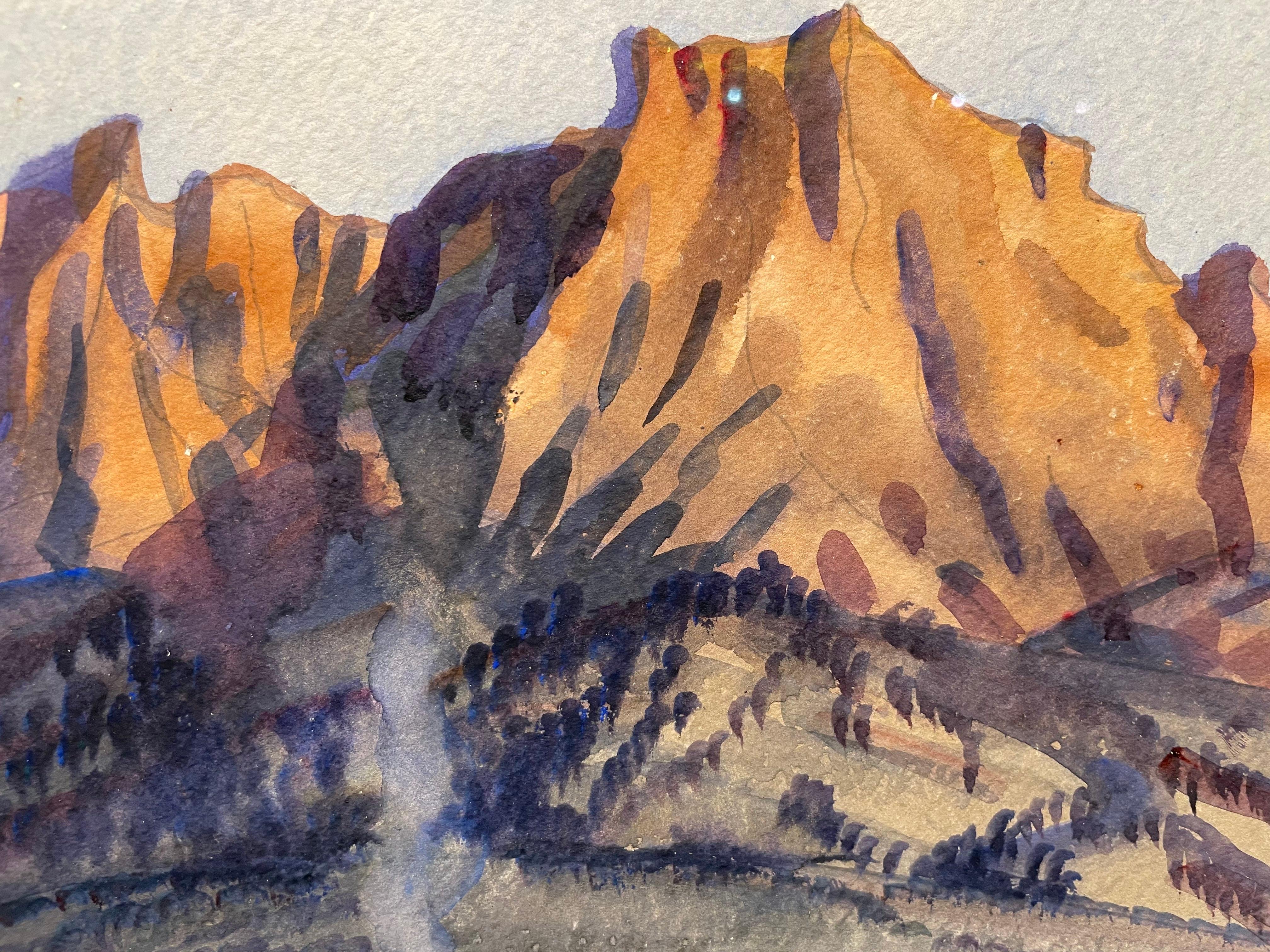 Tramonto fuori dallo Utah, paesaggio occidentale dei primi del Novecento con montagne e fuoco in vendita 1