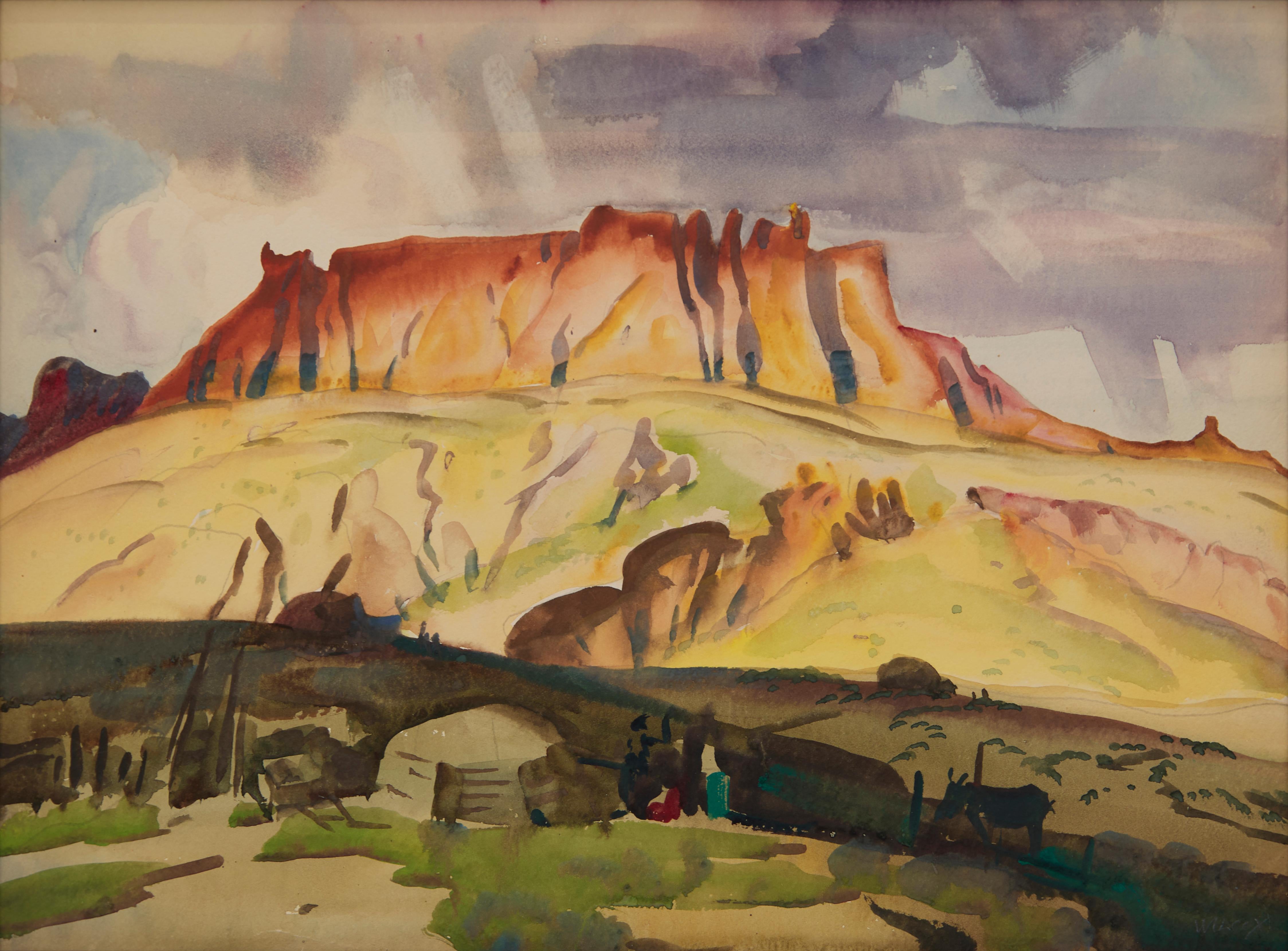 Red Cliffs & HOGAN, Arizona, Paesaggio montuoso occidentale dei primi del Novecento - Art di Frank Wilcox
