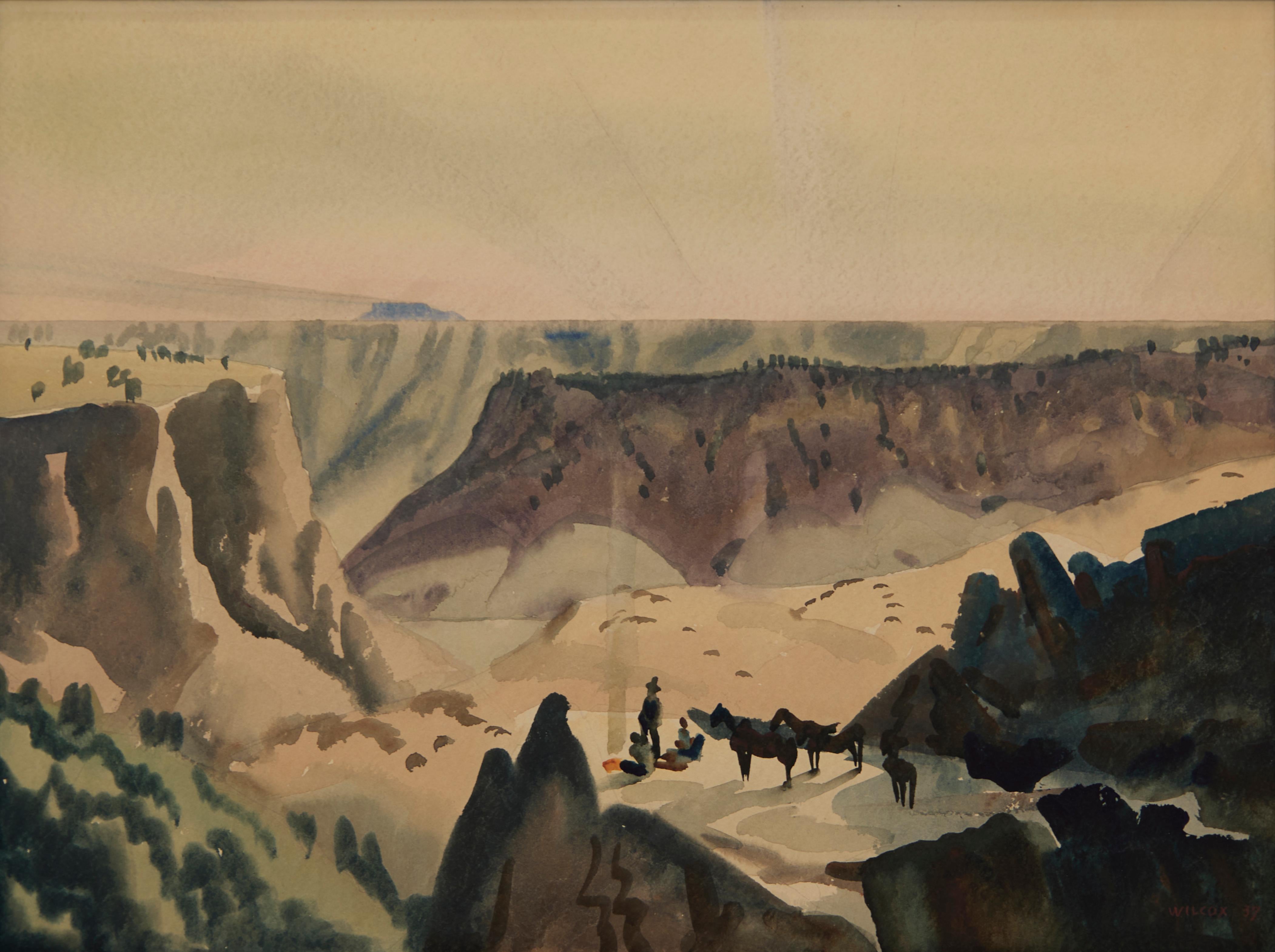 Cañón al atardecer, Paisaje occidental de principios del siglo XX, Artista de la Escuela de Cleveland - Figurative Art Negro de Frank Wilcox