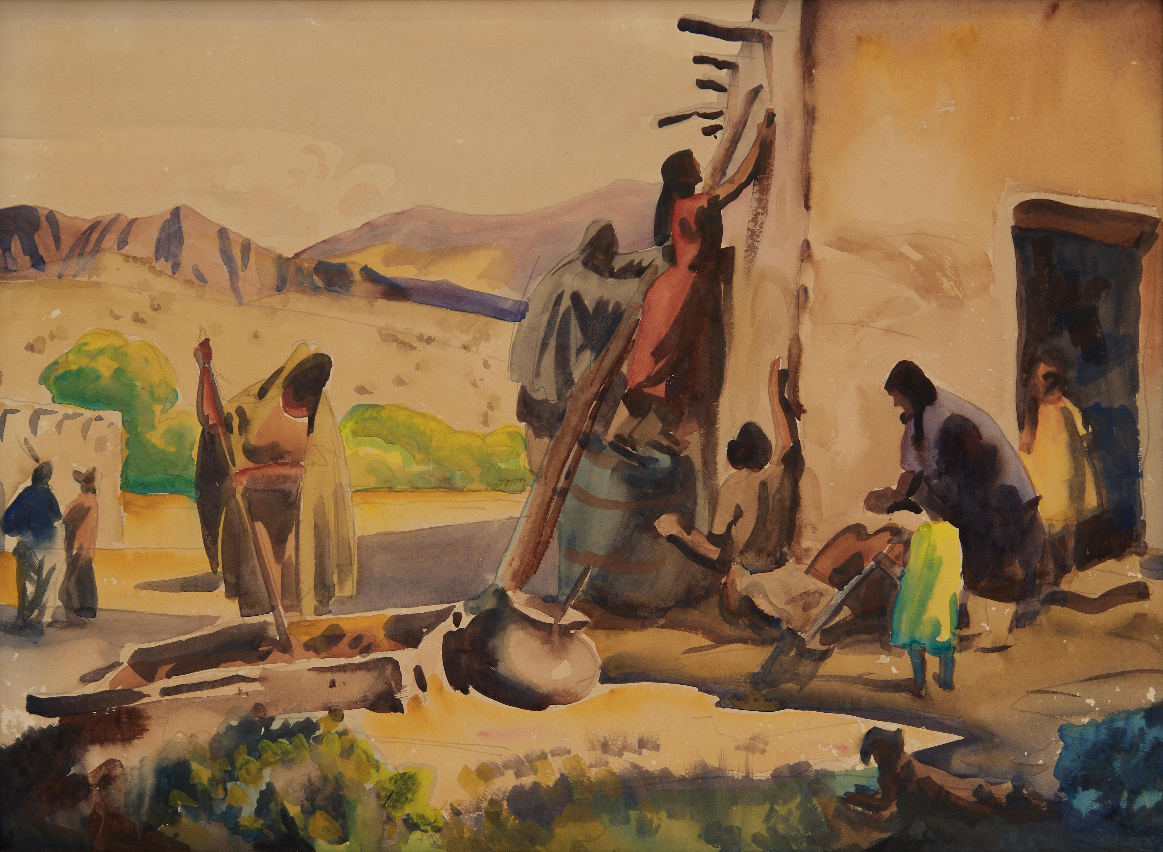L'Adobe, début du 20e siècle Paysage de village occidental, Artiste de l'école de Cleveland - Marron Figurative Art par Frank Wilcox