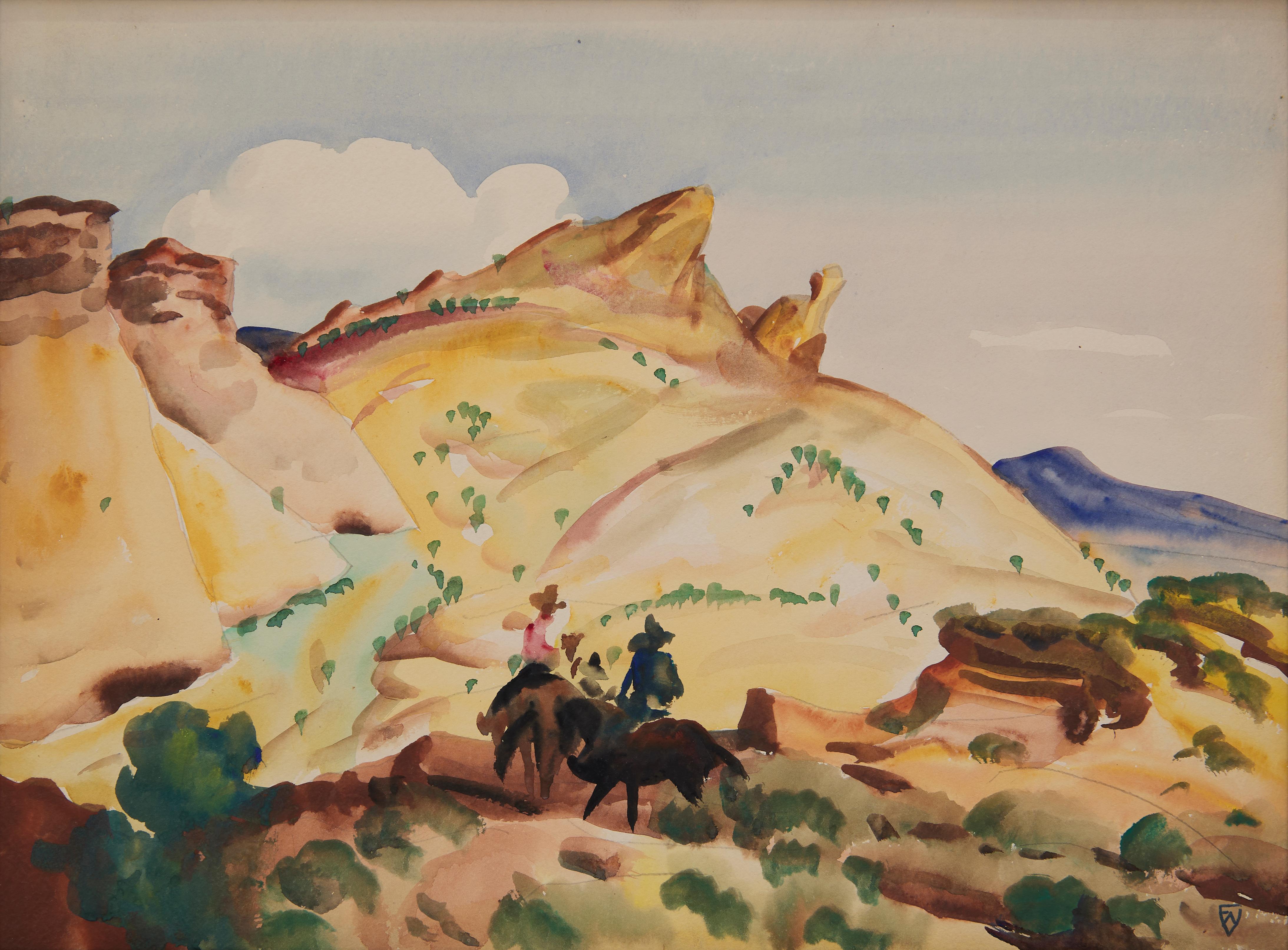 Reiter in der Nähe des Camel Rock Monuments, Santa Fe, New Mexico Westliche Landschaft – Art von Frank Wilcox