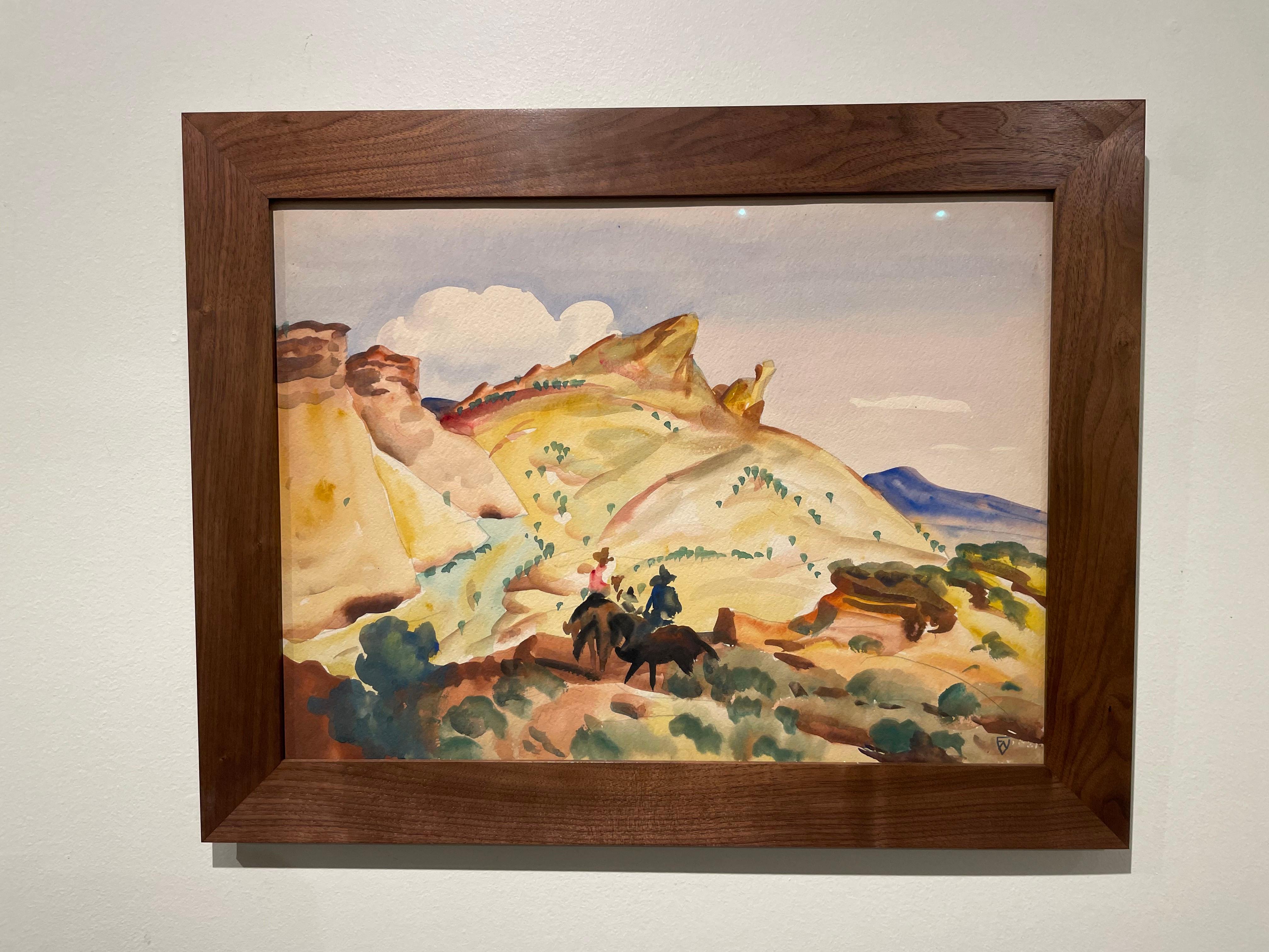 Reiter in der Nähe des Camel Rock Monuments, Santa Fe, New Mexico Westliche Landschaft (Amerikanische Moderne), Art, von Frank Wilcox