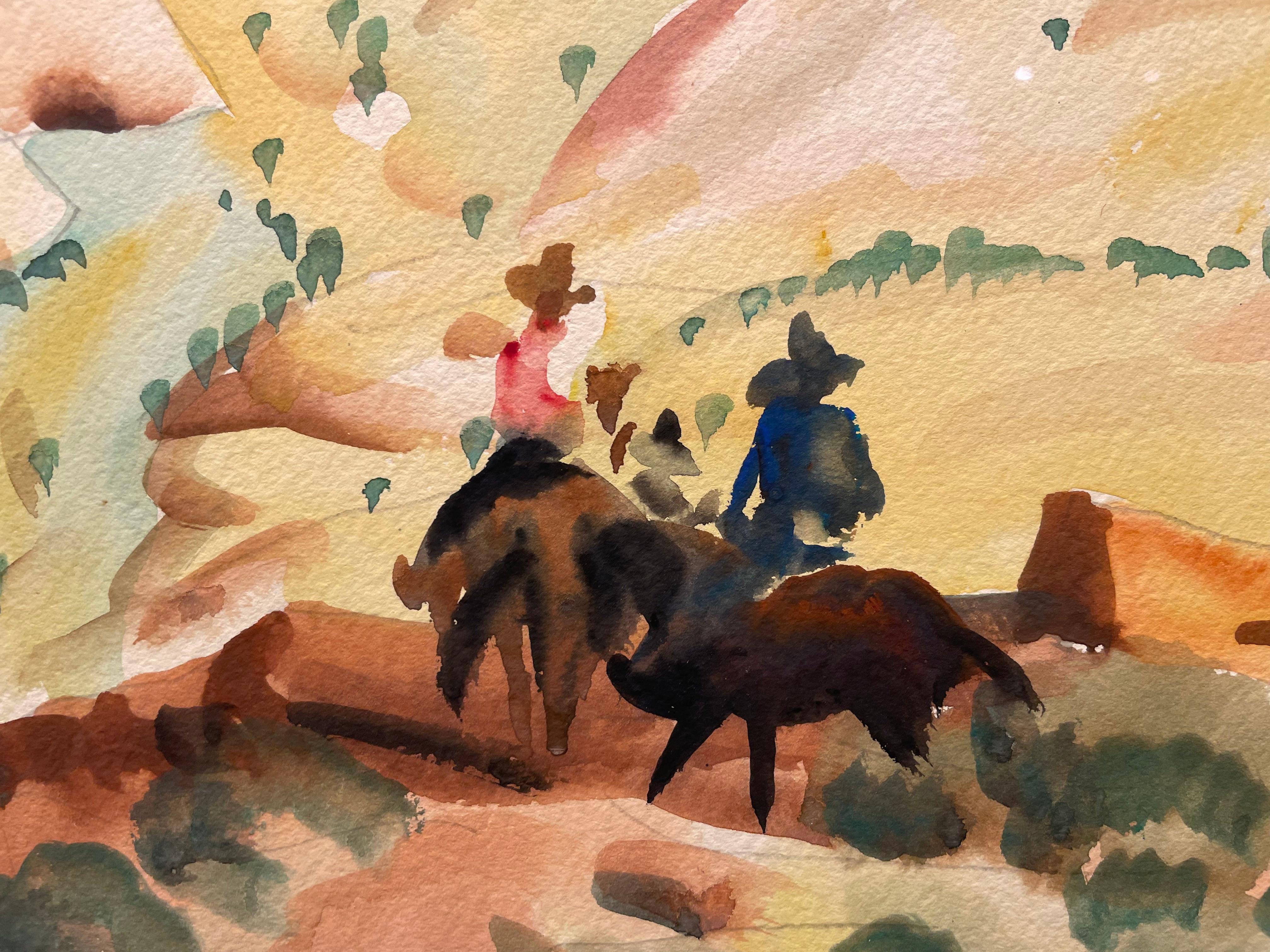  Frank Nelson Wilcox (Amerikaner, 1887-1964)
Reiter in der Nähe des Camel Rock Monuments, Santa Fe, New Mexico, ca. 1937
Aquarell auf Papier
Monogram unten rechts, verso betitelt
14,5 x 20 Zoll 
18,5 x 24 Zoll gerahmt

Frank Nelson Wilcox (3.