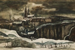 European Landscape w/ Cemetery, 20th Century Cleveland School Artist