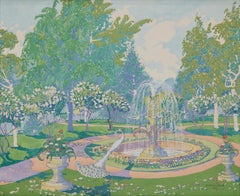 The Fountain, Milan, Ohio Park Summer Landscape w/ Peacock