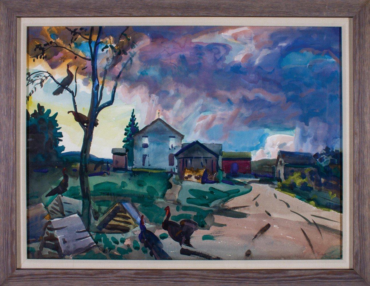 Turkeys in the Trees, aquarelle de paysage de ferme du début du 20e siècle - Painting de Frank Wilcox