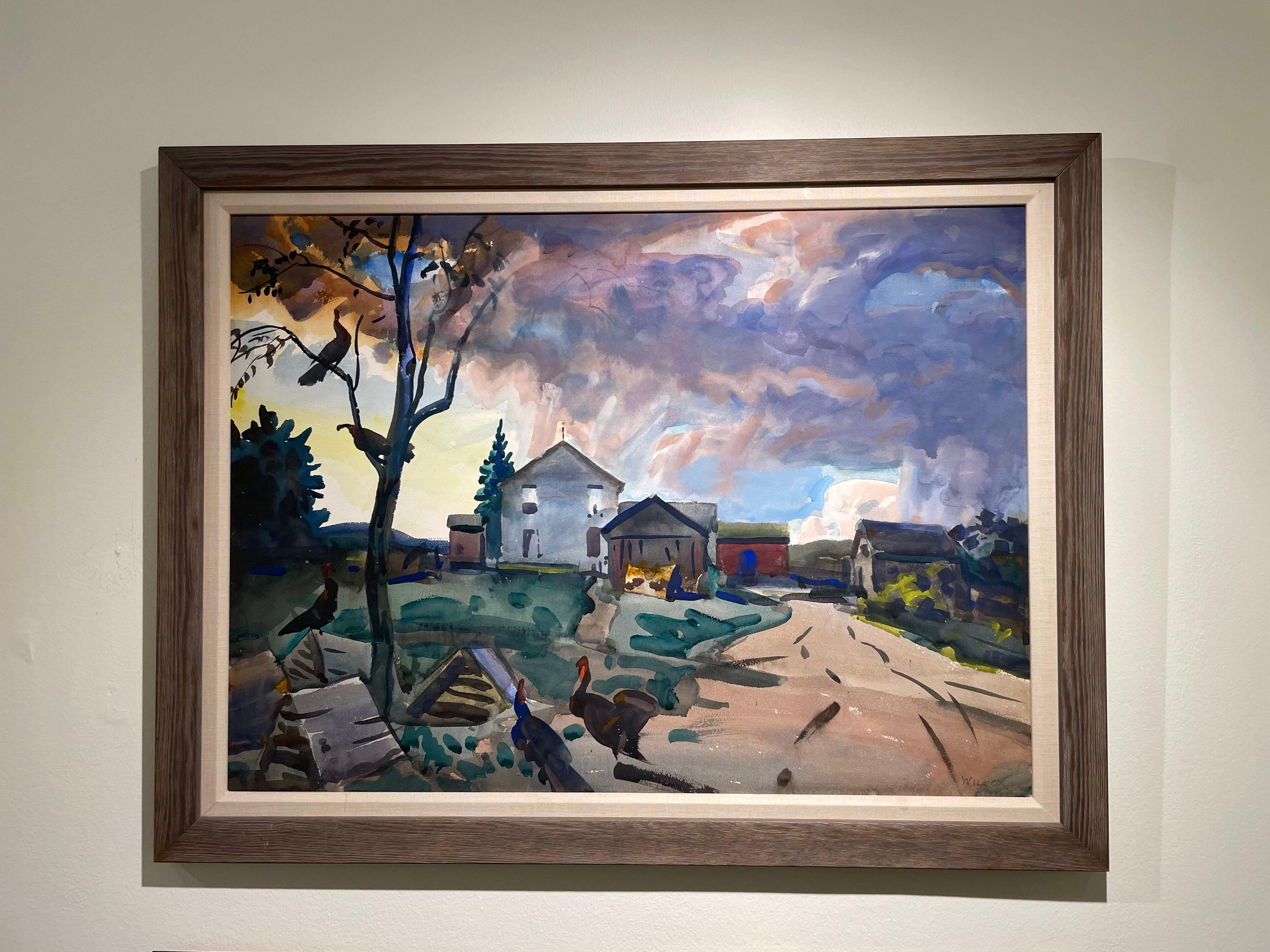Turkeys in the Trees, Bauernlandschaft, Aquarell des frühen 20. Jahrhunderts (Amerikanische Moderne), Painting, von Frank Wilcox