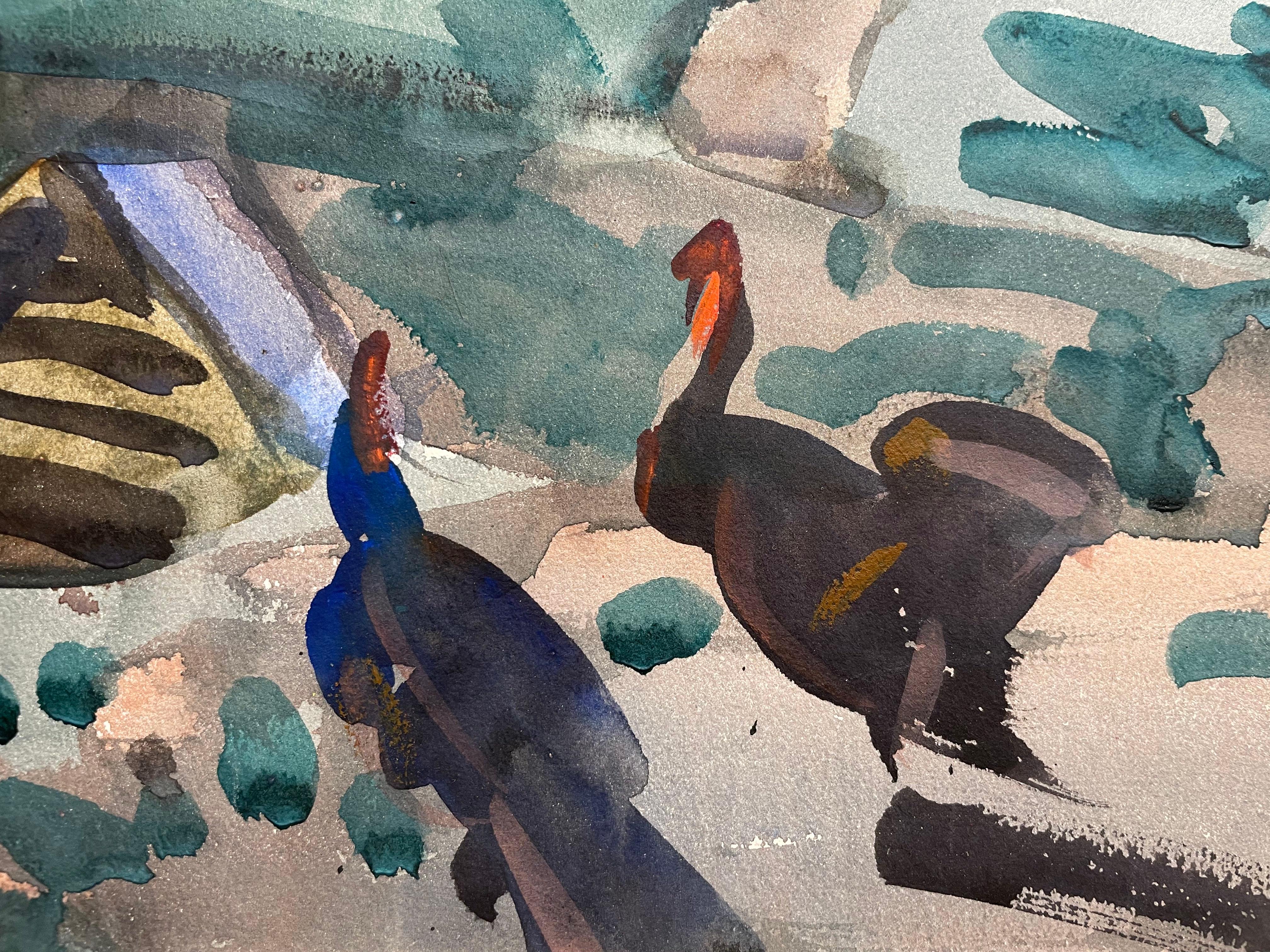 Turkeys in the Trees, Bauernlandschaft, Aquarell des frühen 20. Jahrhunderts im Angebot 2
