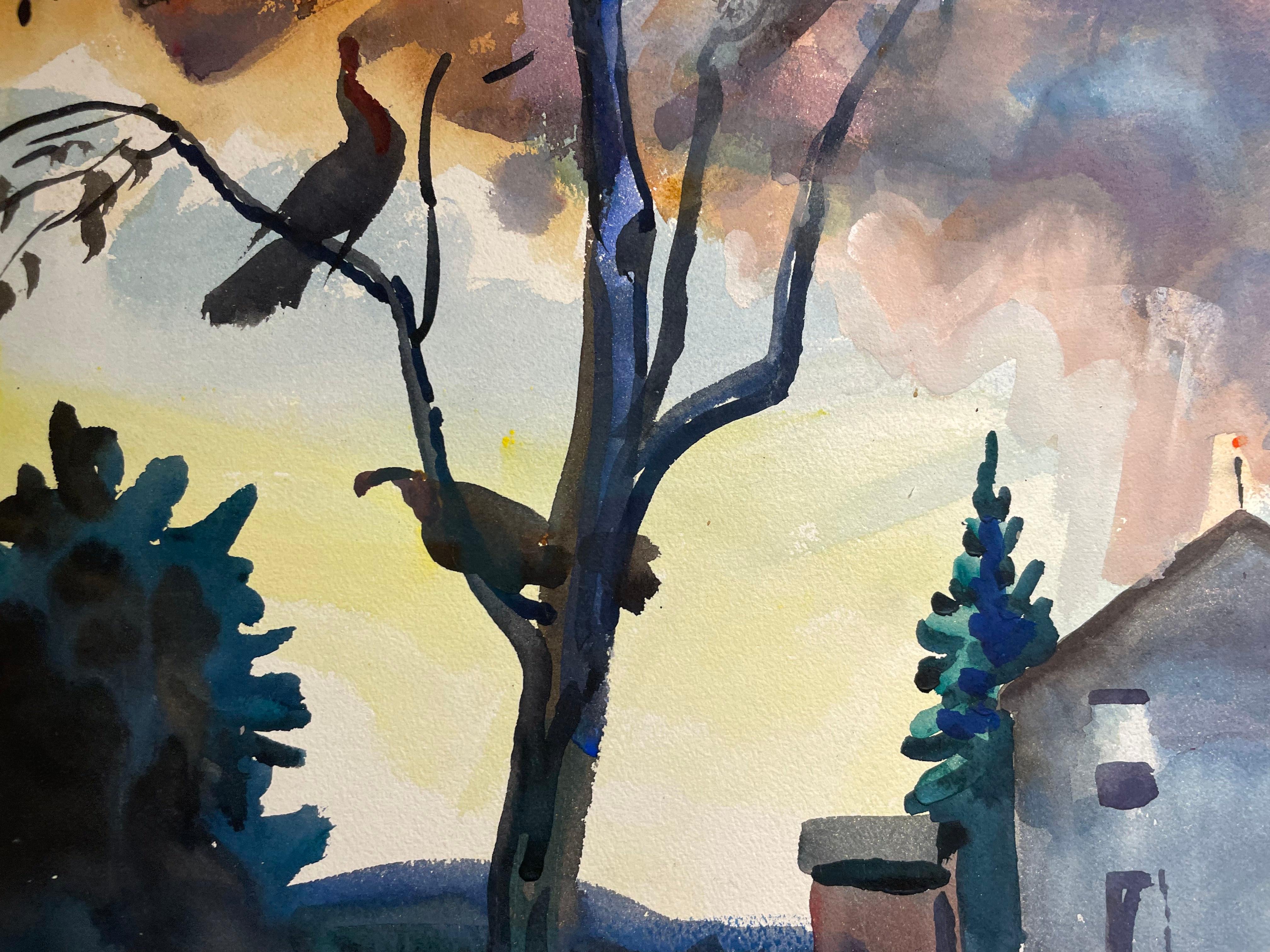Turkeys in the Trees, Bauernlandschaft, Aquarell des frühen 20. Jahrhunderts im Angebot 5