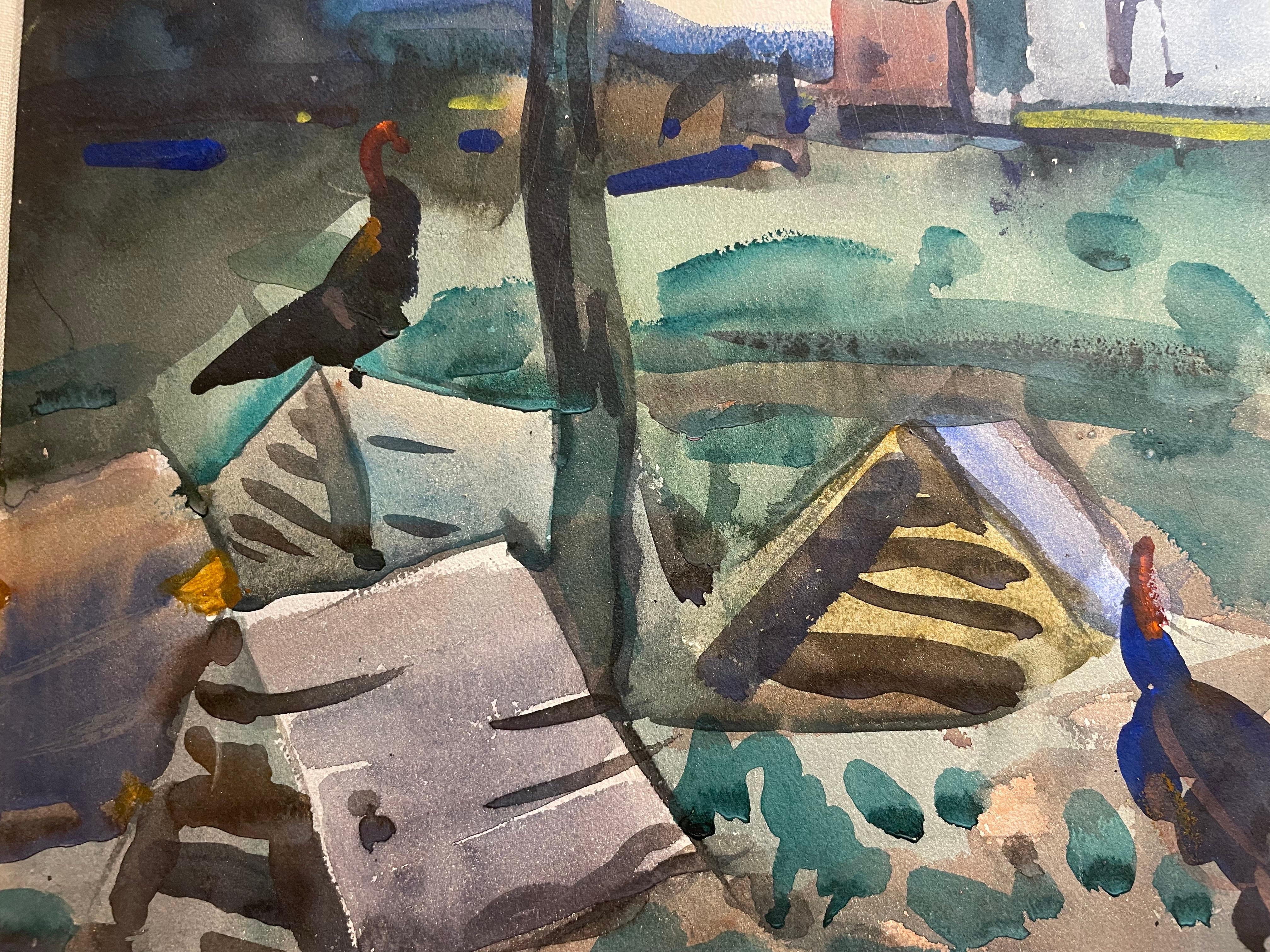Turkeys in the Trees, Bauernlandschaft, Aquarell des frühen 20. Jahrhunderts im Angebot 4