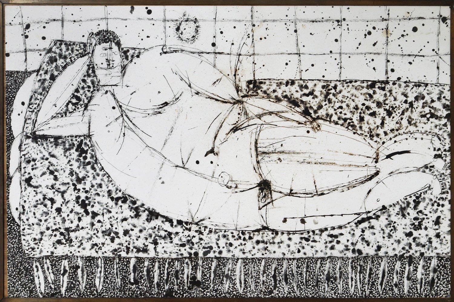 Joseph Glasco (Américain, 1925-1996)
Figure allongée, tournée vers la droite (Nikos)
1971
Encre de Chine sur papier
Signé et daté au milieu à droite
26 x 38.25 pouces

Joseph Glasco est né à Paul's Valley, en Oklahoma, et a grandi au Texas. En 1949,