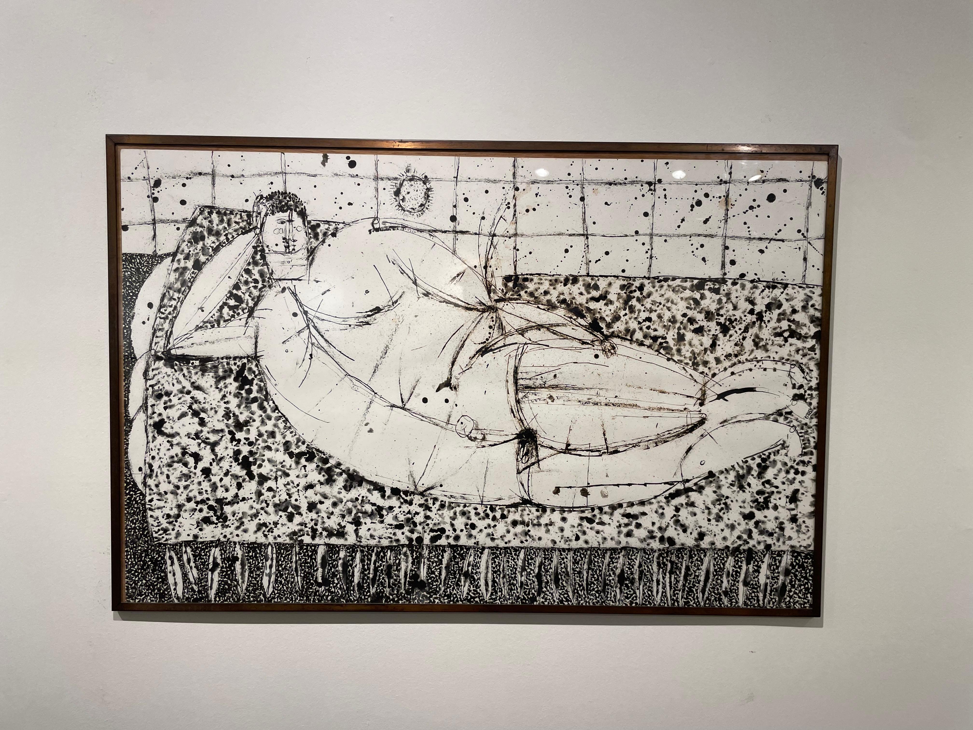 Liegende nackte männliche Figur, figurale expressionistische New Yorker Künstlerin mit Tuschezeichnung im Angebot 1