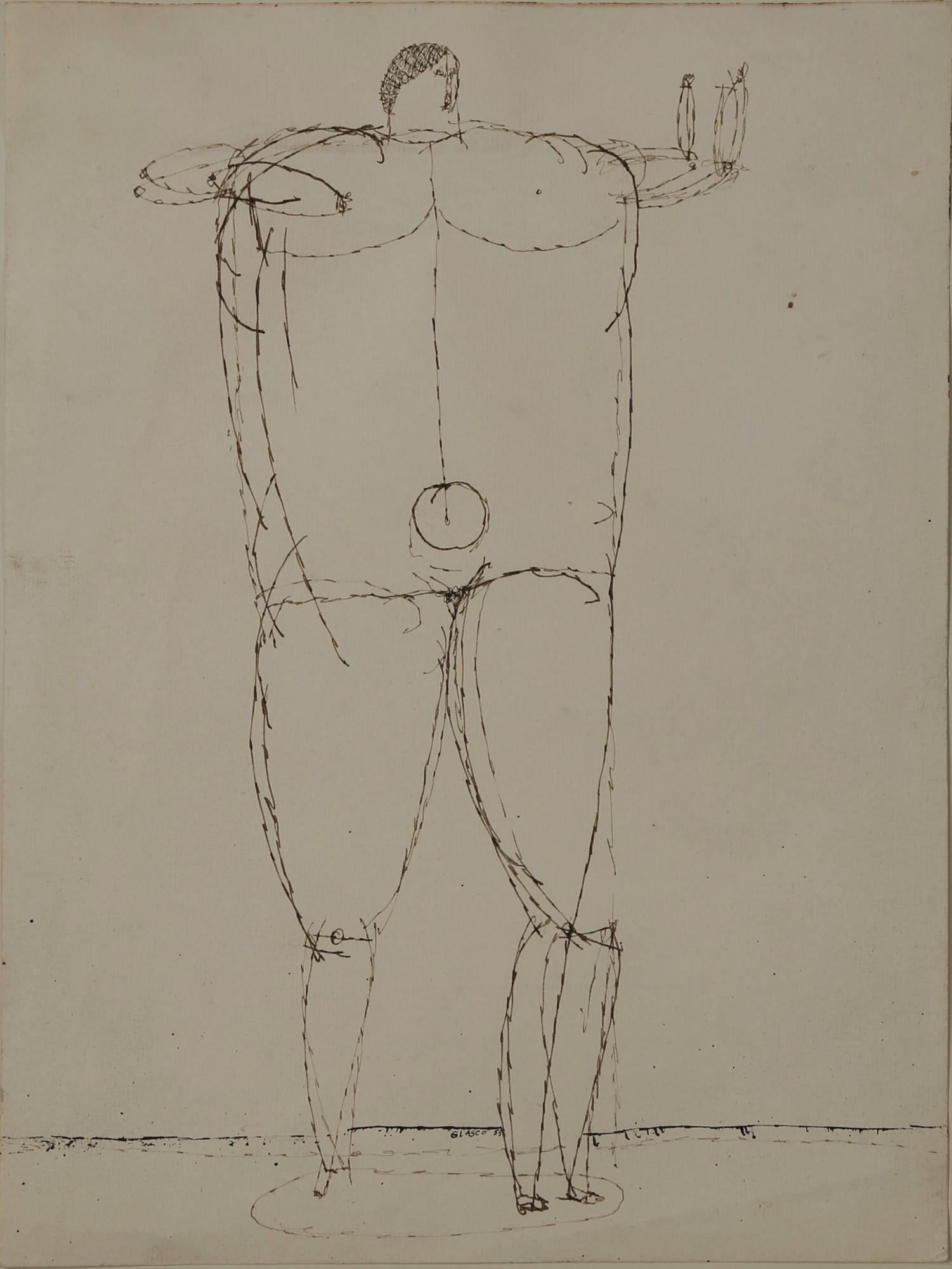 Joseph Glasco Figurative Art – Figur einer stehenden Figur, figurale abstrakte expressionistische Tuschezeichnung, 20. Jahrhundert