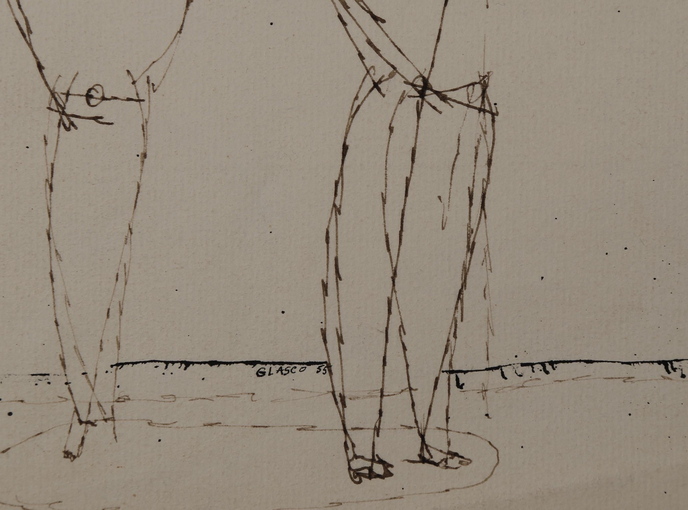 Figur einer stehenden Figur, figurale abstrakte expressionistische Tuschezeichnung, 20. Jahrhundert (Abstrakter Expressionismus), Art, von Joseph Glasco