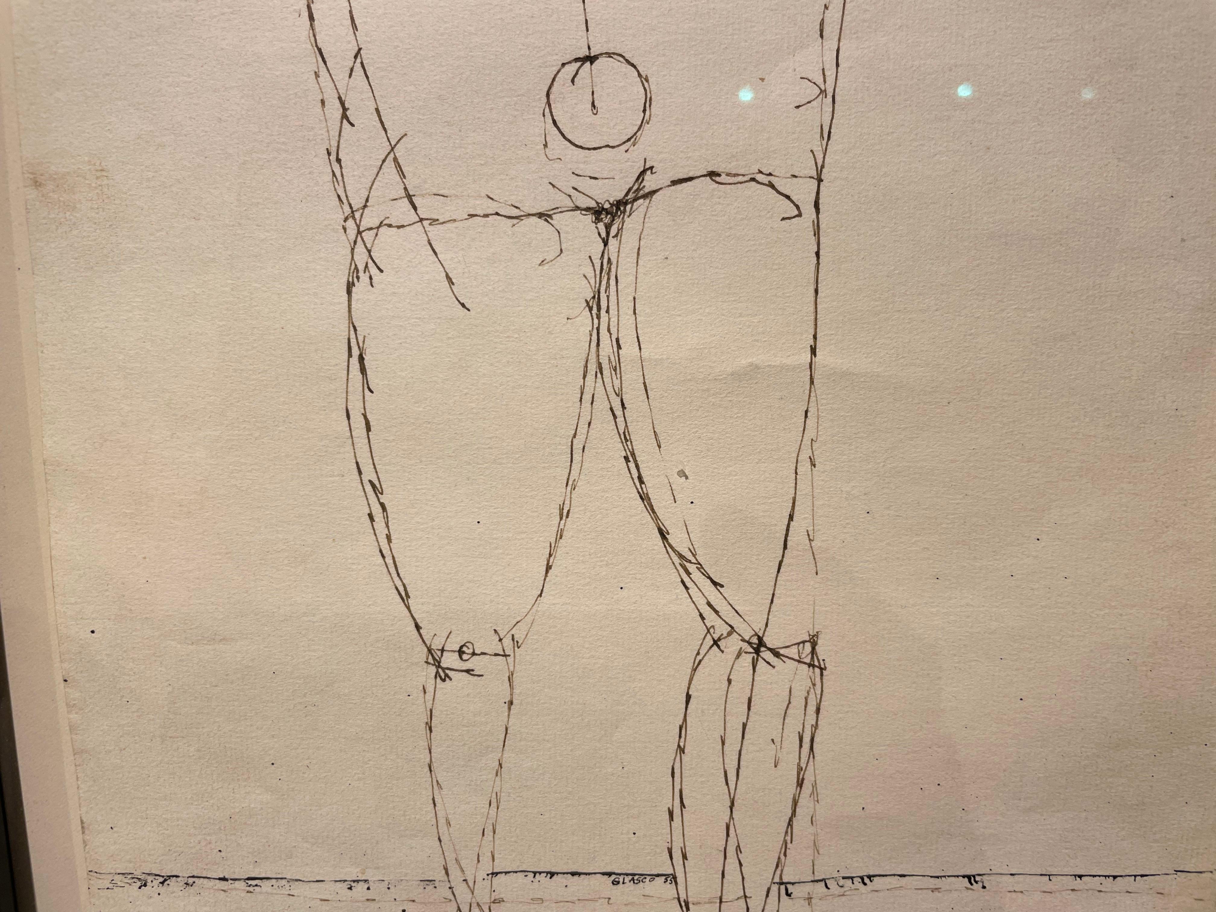 Standing Figure, figural abstract expressionist ink drawing, 20th century - Brown Figurative Art by Joseph Glasco