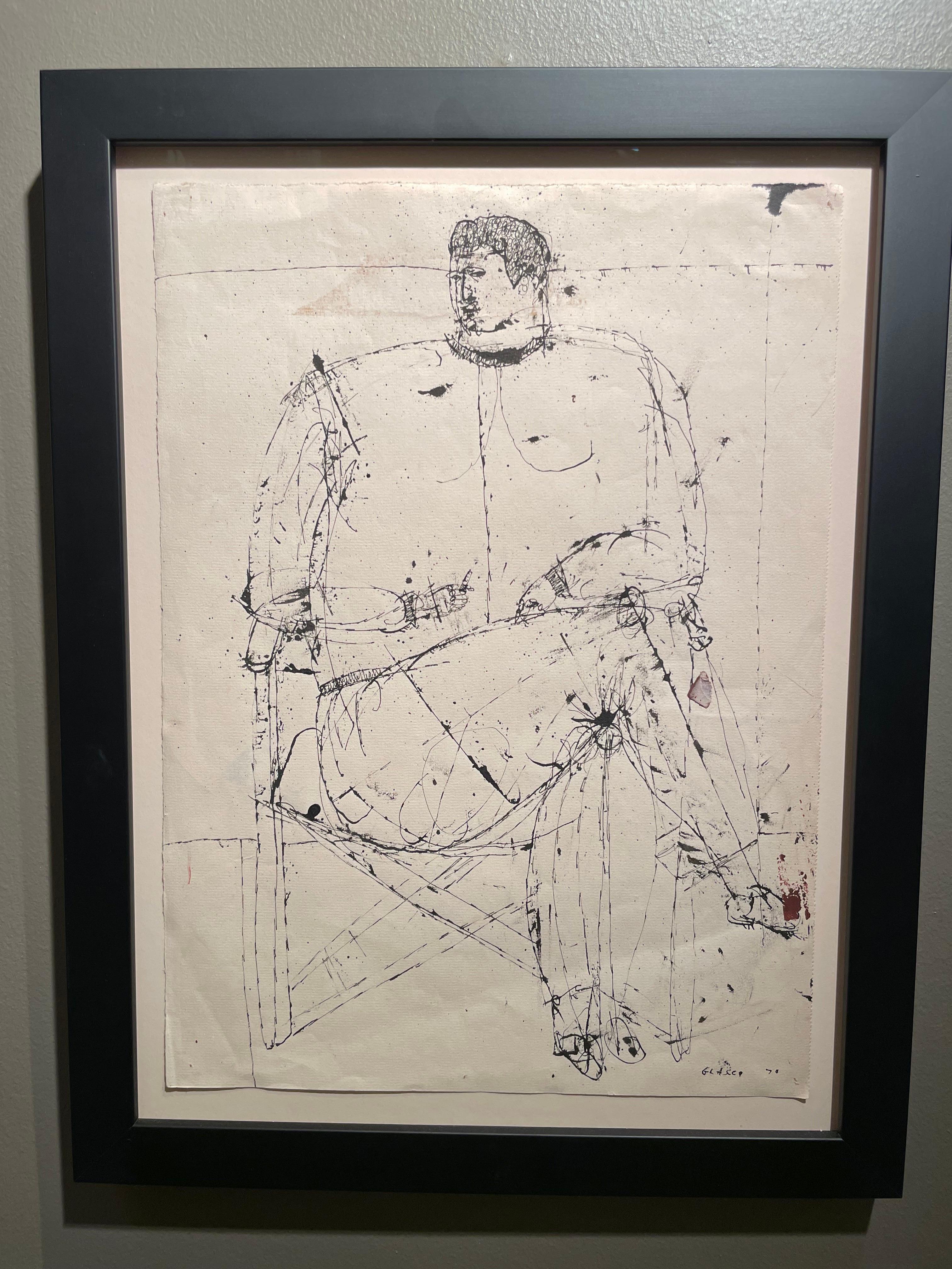 Figura sentada, dibujo figurativo expresionista abstracto a tinta del siglo XX en venta 4