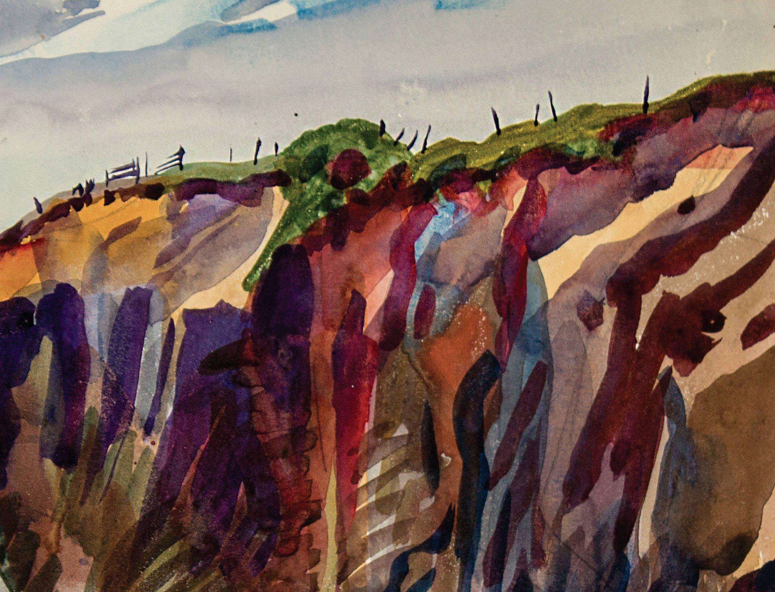 Cliffs in der Nähe von Param, Frankreich, Aquarell mit leuchtenden Meereslandschaften und Landschaften (Amerikanische Moderne), Art, von Frank Wilcox