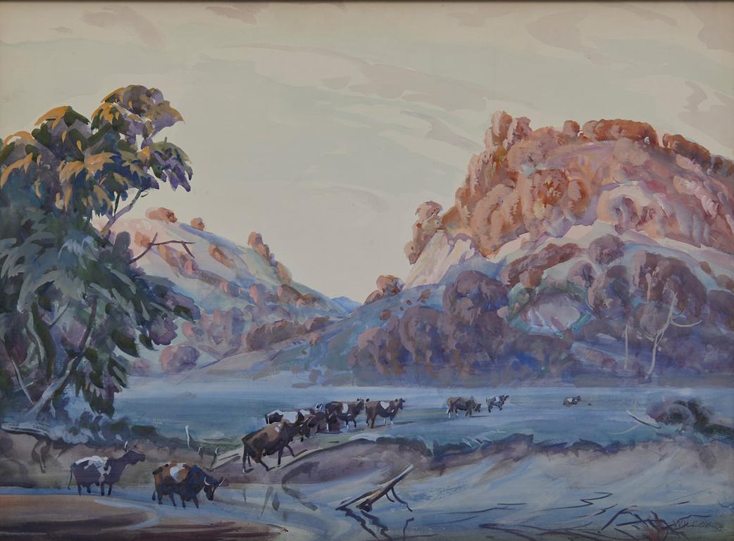 Alba gelida, Upstate New York, acquerello moderno americano del XX secolo