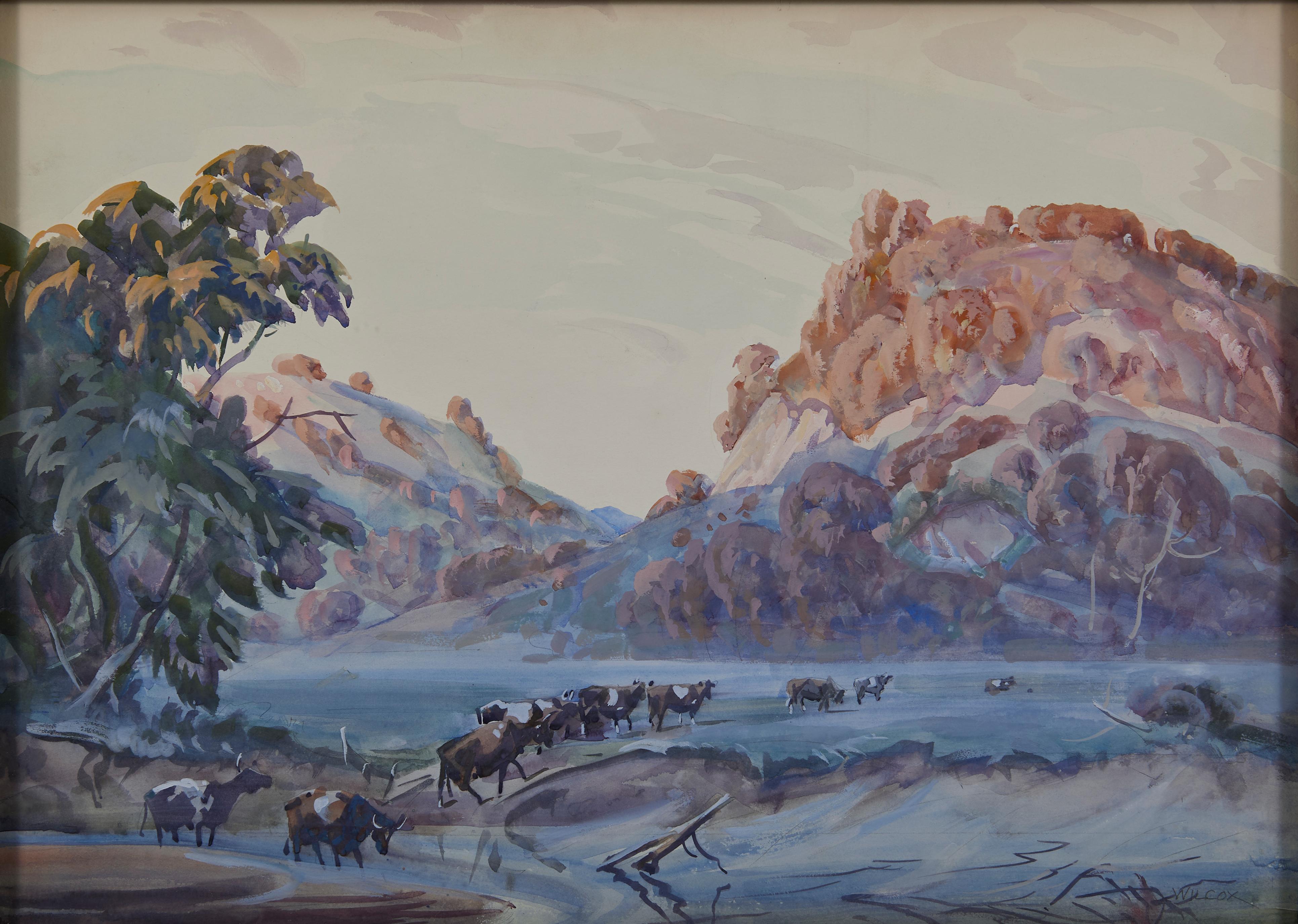 Landscape Art Frank Wilcox - Aquarelle moderne américaine du 20e siècle Frosty Dawn, nord de l
État de New York