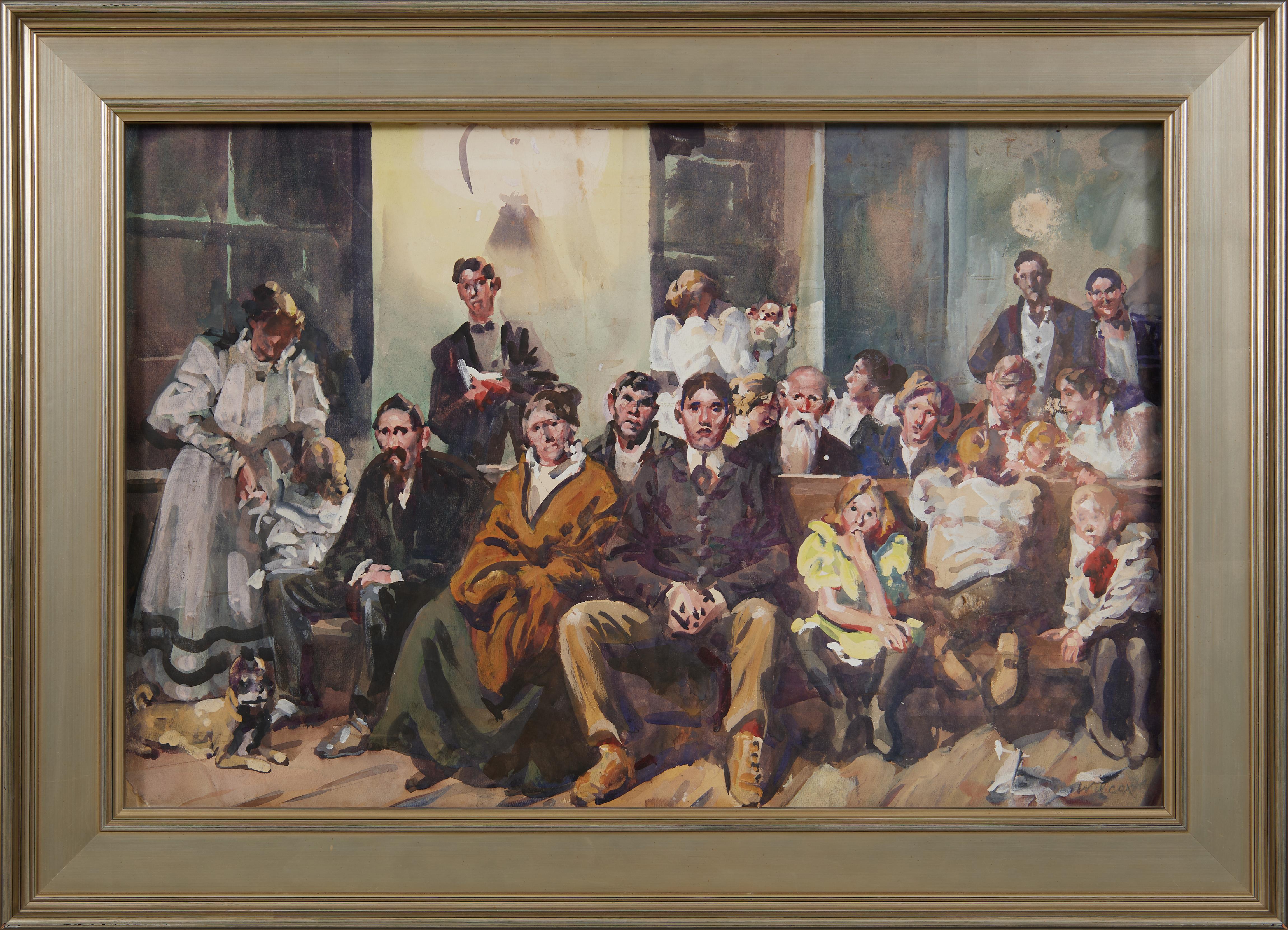 Amerikanische Familienszene des 20. Jahrhunderts, Aquarell der Unterhaltung – Art von Frank Wilcox