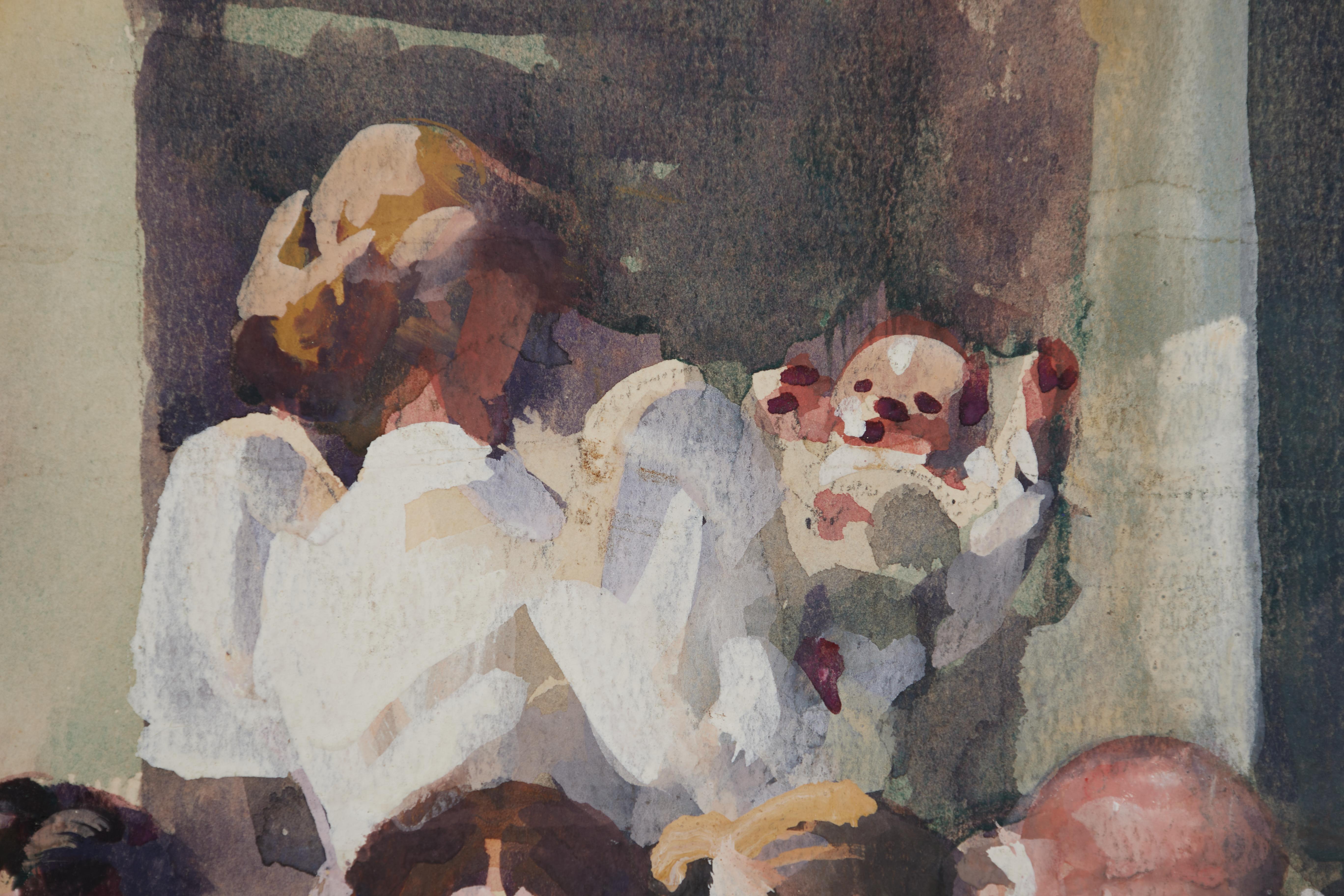Amerikanische Familienszene des 20. Jahrhunderts, Aquarell der Unterhaltung (Braun), Figurative Art, von Frank Wilcox