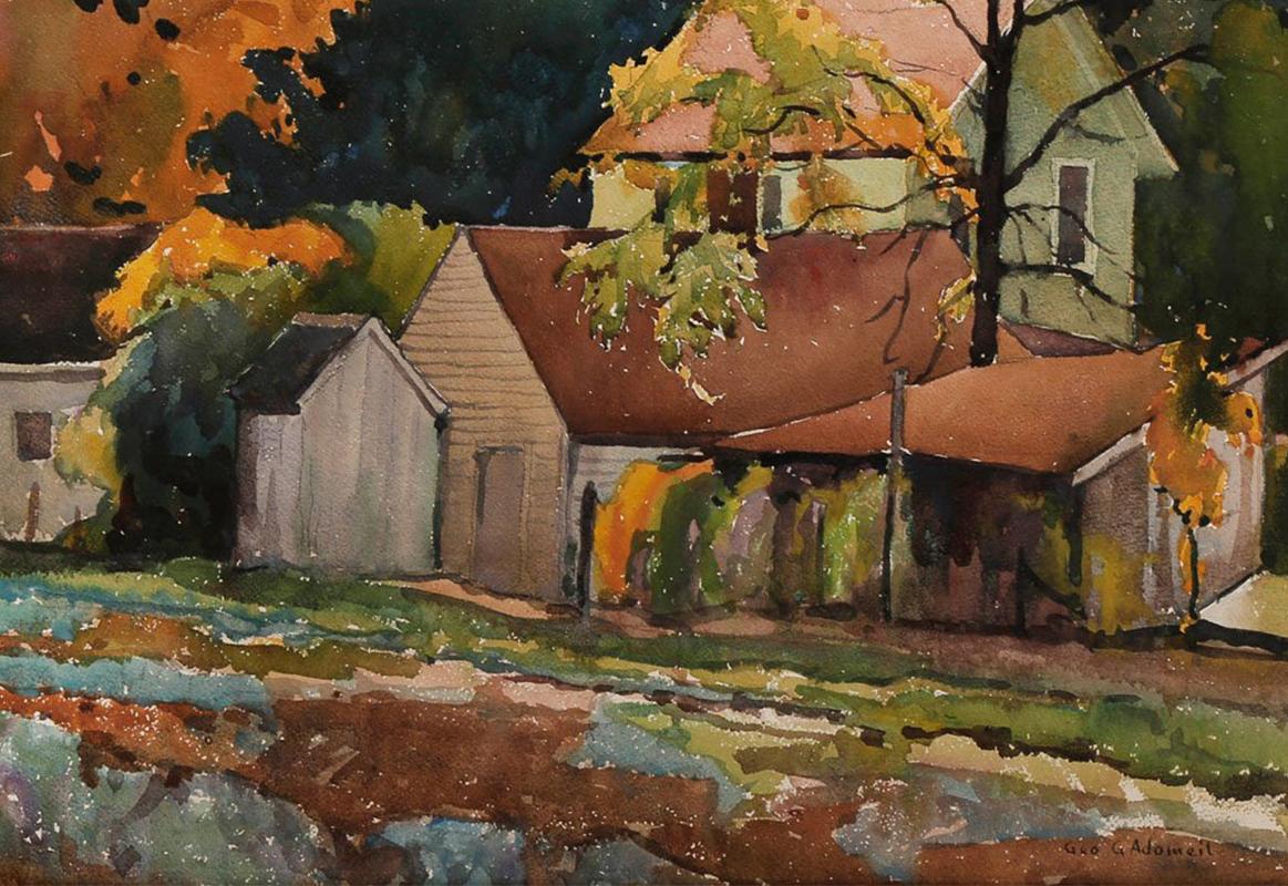 Bauernhaus, farbenfrohes Aquarell einer amerikanischen Szene des 20. Jahrhunderts – Art von George G. Adomeit