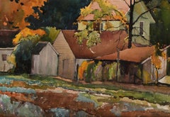 Casa della fattoria, colorata scena americana del 20° secolo, acquerello