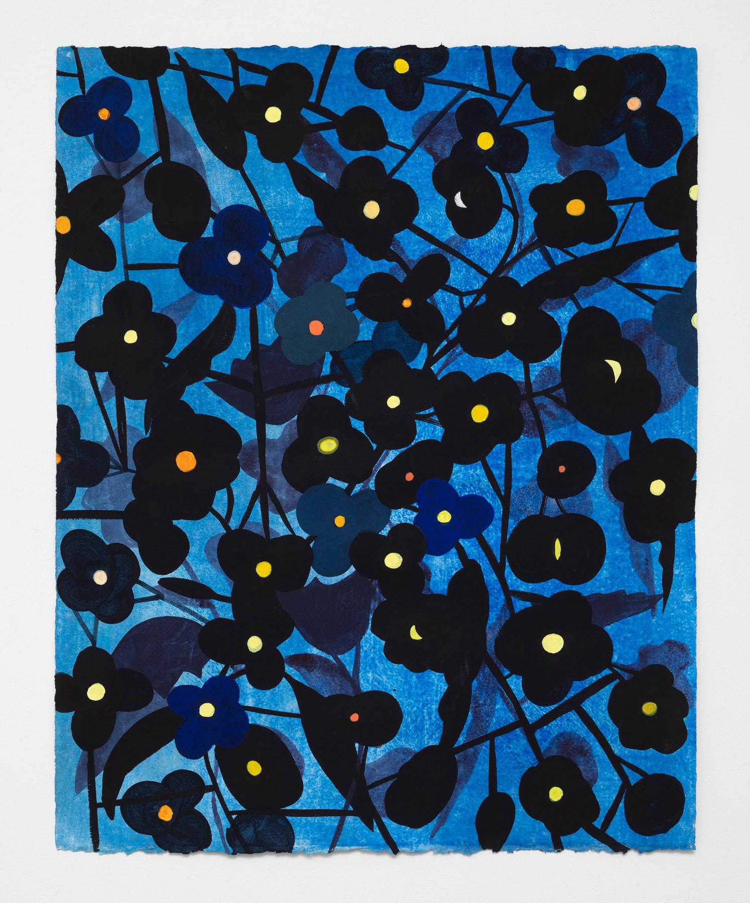 Ruby Palmer Abstract Painting - Flower Series: Black with Yellow on Bright Blue