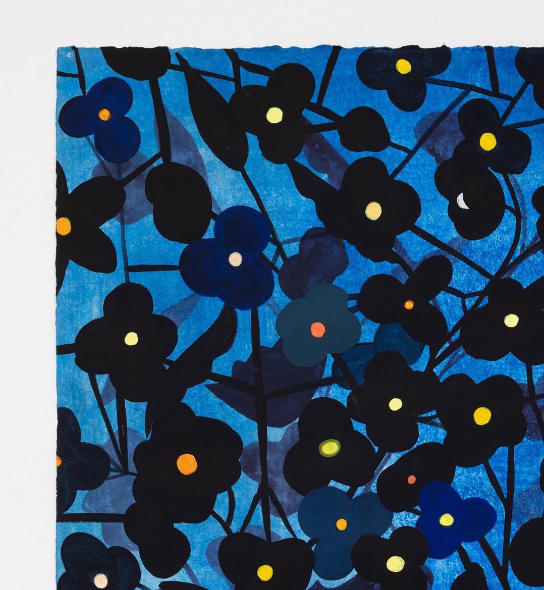 Flower Series: Black with Yellow on Bright Blue - Painting by Ruby Palmer