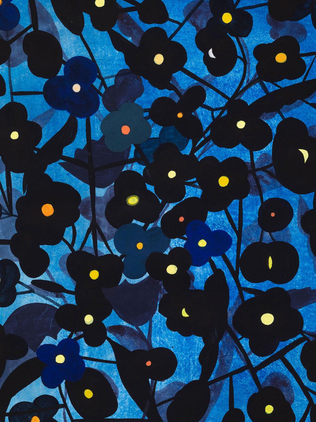Flower Series: Black with Yellow on Bright Blue - Abstract Painting by Ruby Palmer