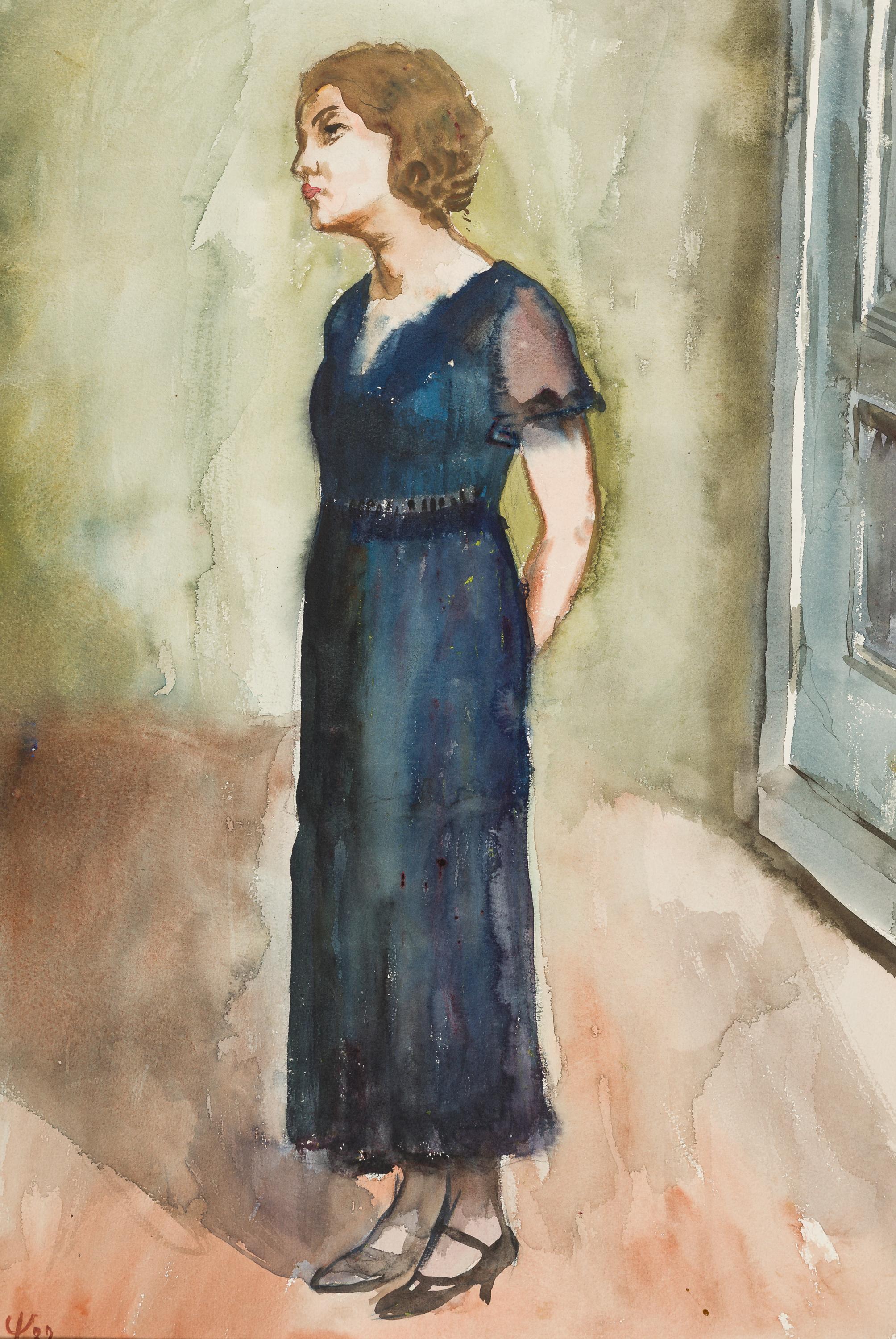 August Wilhelm Dressler Figurative Art - Frau mit blauem Kleid