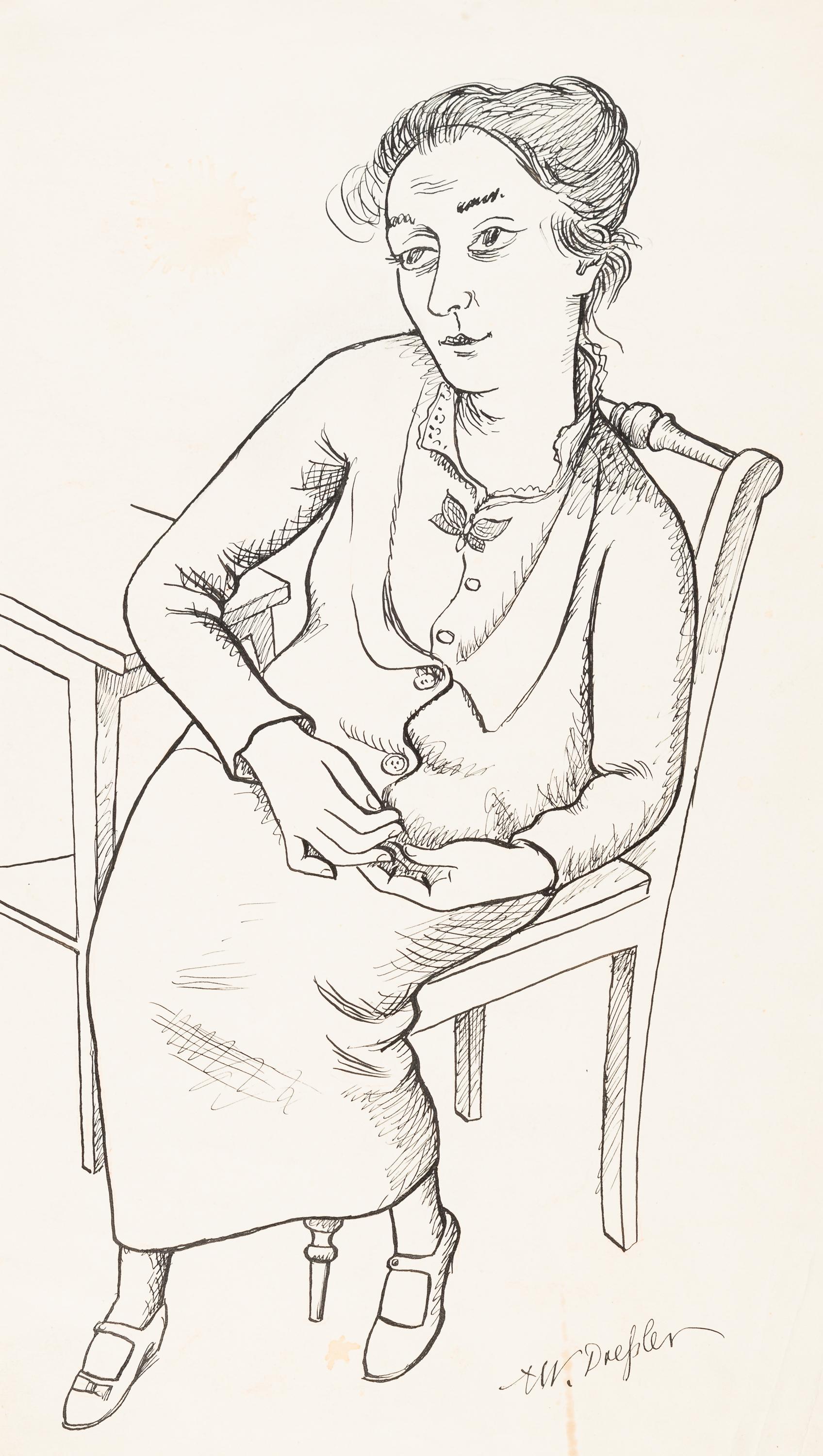 Portrait August Wilhelm Dressler - Frau bei Tisch sitzend