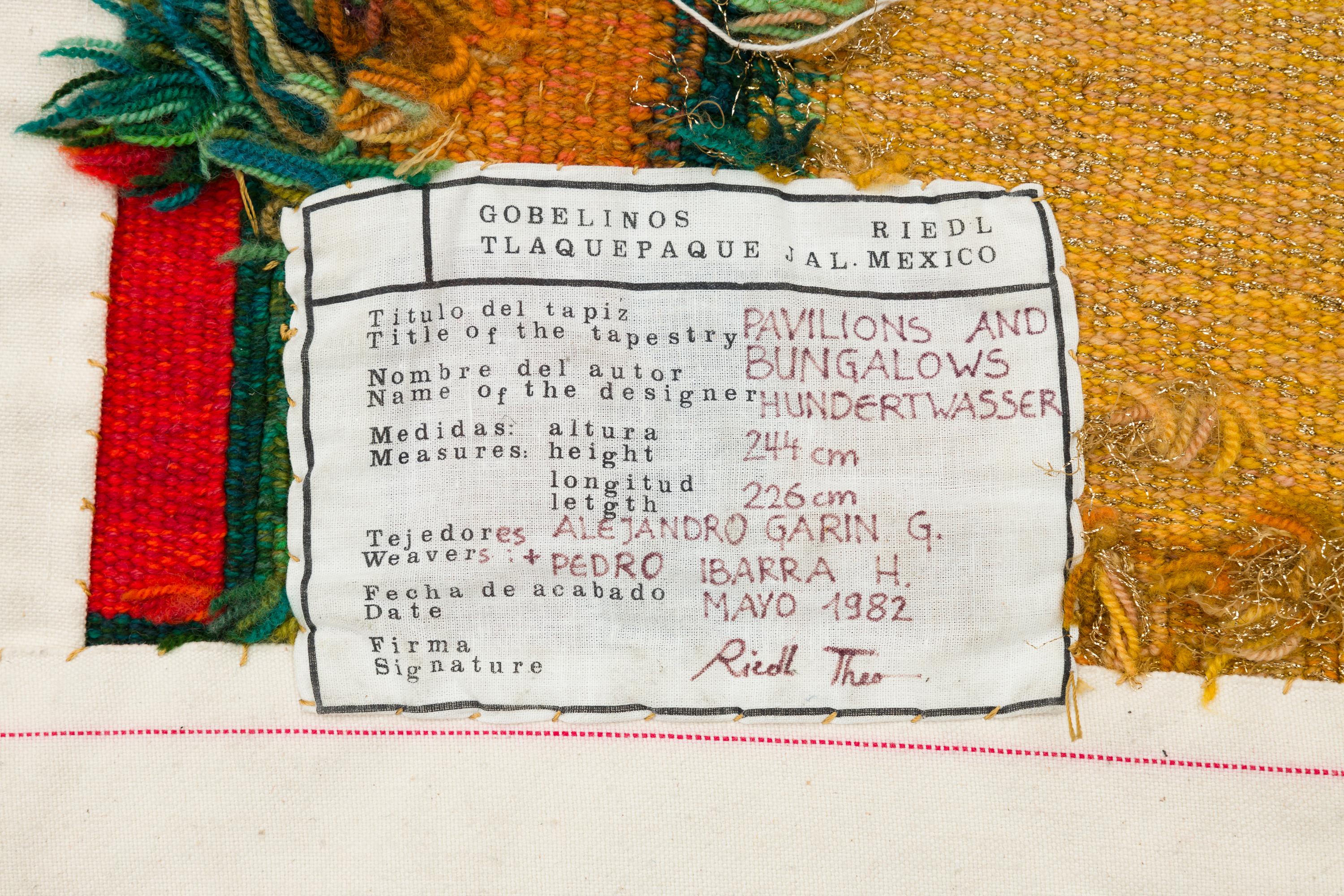 - extraordinary rug, woven from sheep's wool and linen with 4 warp threads
- company label verso with inscribtion, date and signature by Theo Riedl
- knotted by Alejandro Garin G. & Pedro Ibarra Hernandez, for Gobelinos Riedl Mexico, May 1982.
- A.