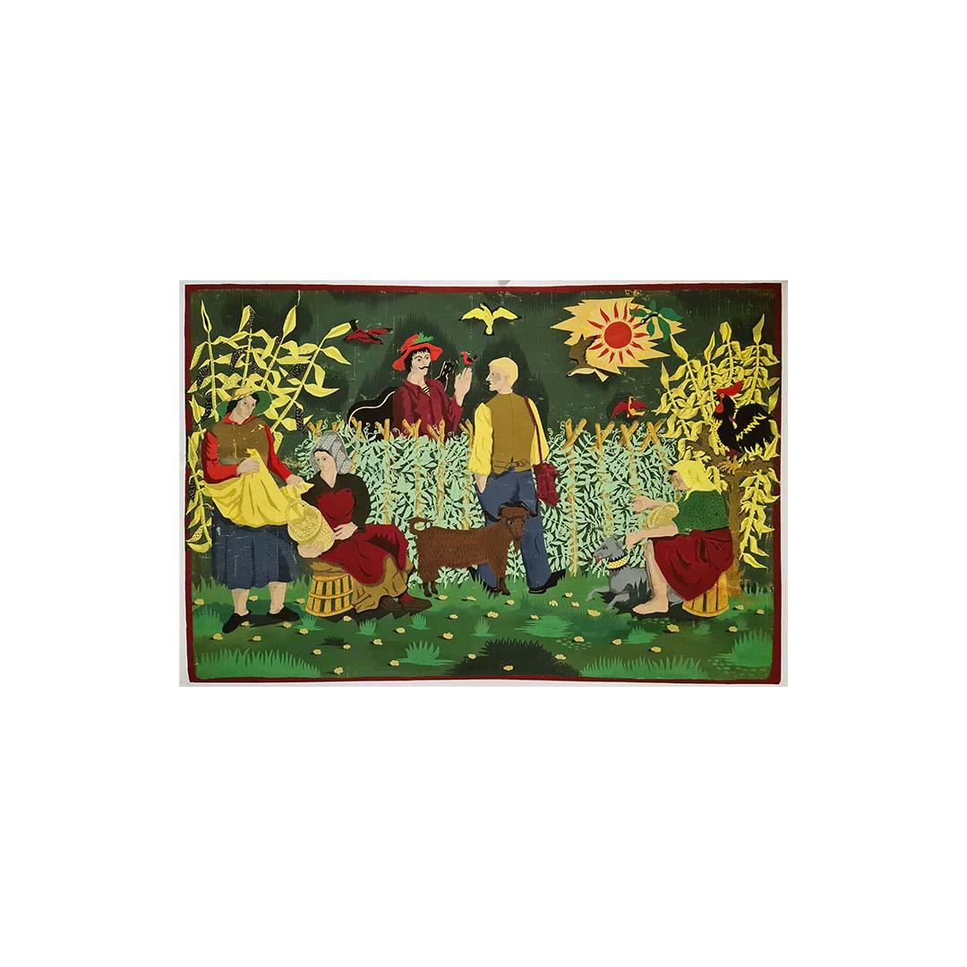 Original gouache of the 50s representing an agricultural scene Tapestry project - Art by Guignebert