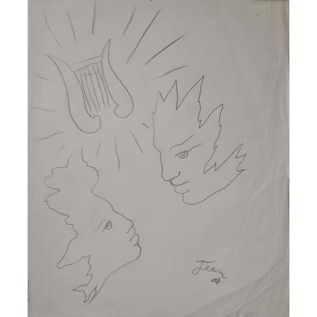 Le dessin de Jean Cocteau, "Le Couple et la Lyre", est un chef-d'œuvre poétique qui tisse des liens entre l'amour et la musique. Cette œuvre d'art, aux lignes minimalistes, capture magnifiquement deux personnages enlacés, formant la forme d'une lyre