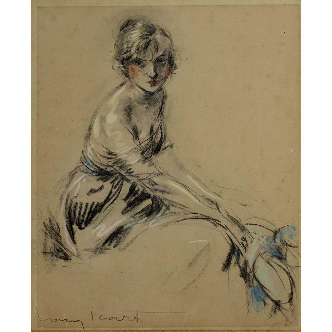 Das um 1920 entstandene Pastell "Élégante au chapeau bleu" von Louis Icart fängt das Wesen der Pariser Eleganz des frühen 20. Jahrhunderts mit seinem charakteristischen Flair ein. In diesem Werk zeigt sich Icarts Fähigkeit, zarte Schönheit mit einem