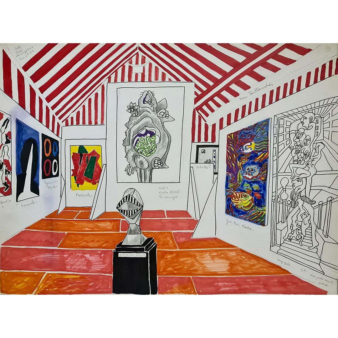 Circa 1970 original felt drawing by Yvon Taillandier -Rêve perdu dans le désert