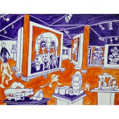 Circa 1970 dibujo original en fieltro - L'exposition d'Yvon Orange sur violet