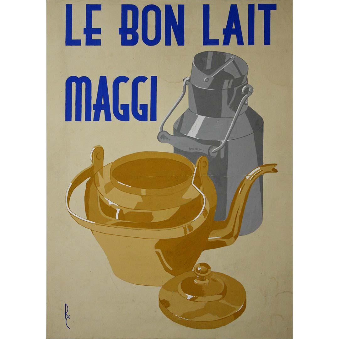 The circa 1930 advertising gouache for "Le Bon Lait Maggi", signed by R. C., represents an era when hand-drawn advertising art played a crucial role in shaping brand identities and consumer culture. This original artwork was created as part of