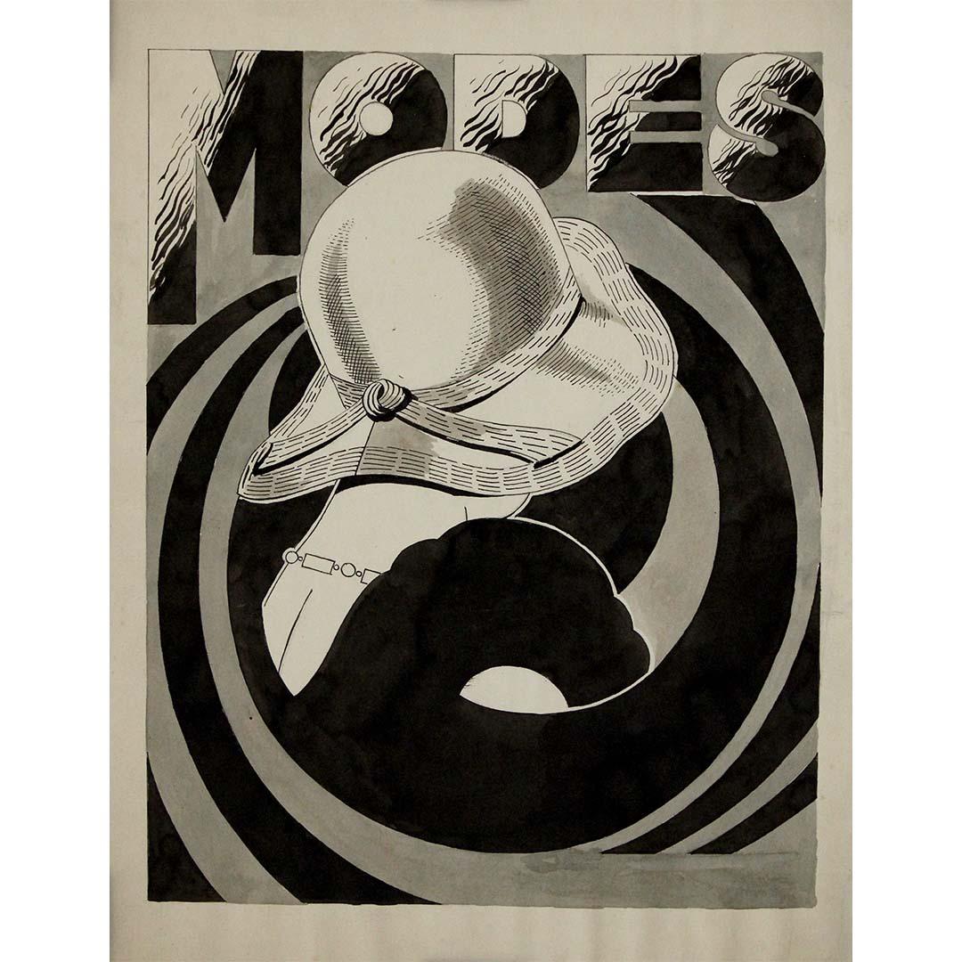 Dieses um 1930 entstandene Tintenplakat mit dem Titel "Modes" ist eine eindrucksvolle Darstellung der Modeillustration des Art déco. Handgezeichnet mit schwarzer Tinte und Lavierung, fängt das Kunstwerk die Essenz der Eleganz des frühen 20.