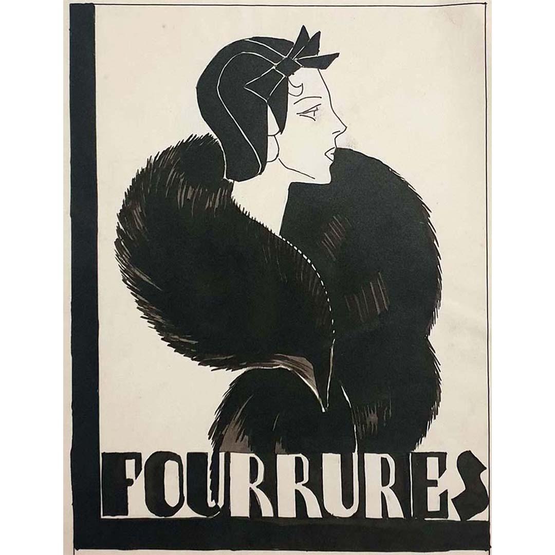 Nice ink poster project from the 1930's - Art Deco - Fashion - Furs For Sale 1