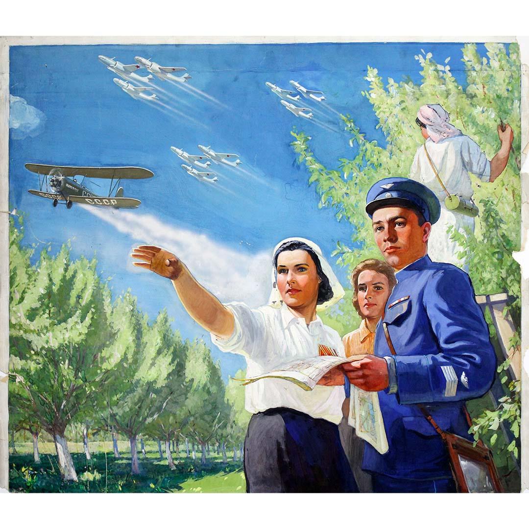1951 original gouache - Soviet civil aviation - Aeroflot USSR