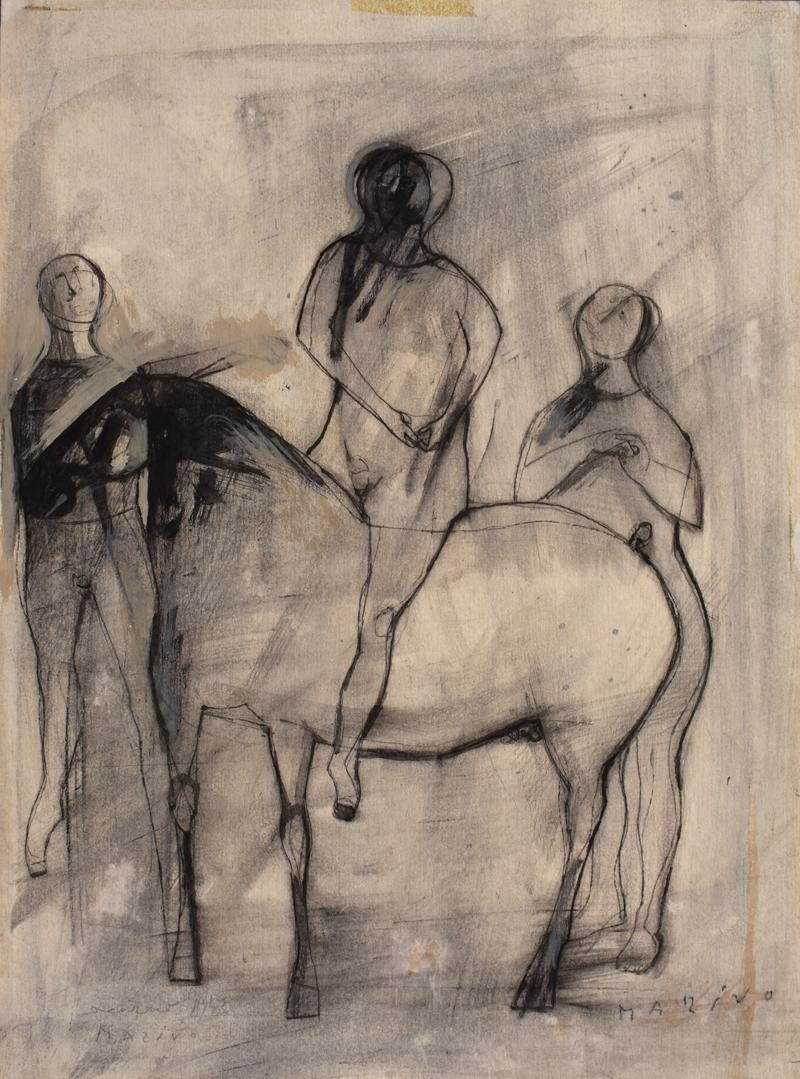 Marino Marini Figurative Art - Jugglers and Horse  Giocolieri e Cavallo