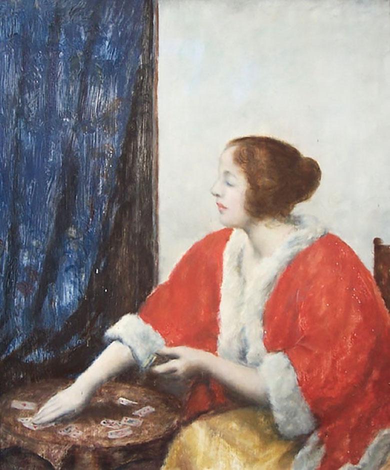Figurative Painting Istvan Csok - Portrait d'une fille jouant aux cartes