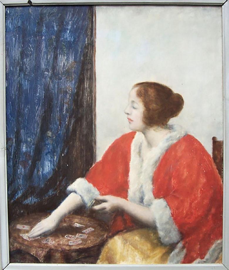 Portrait d'une fille jouant aux cartes - Painting de Istvan Csok